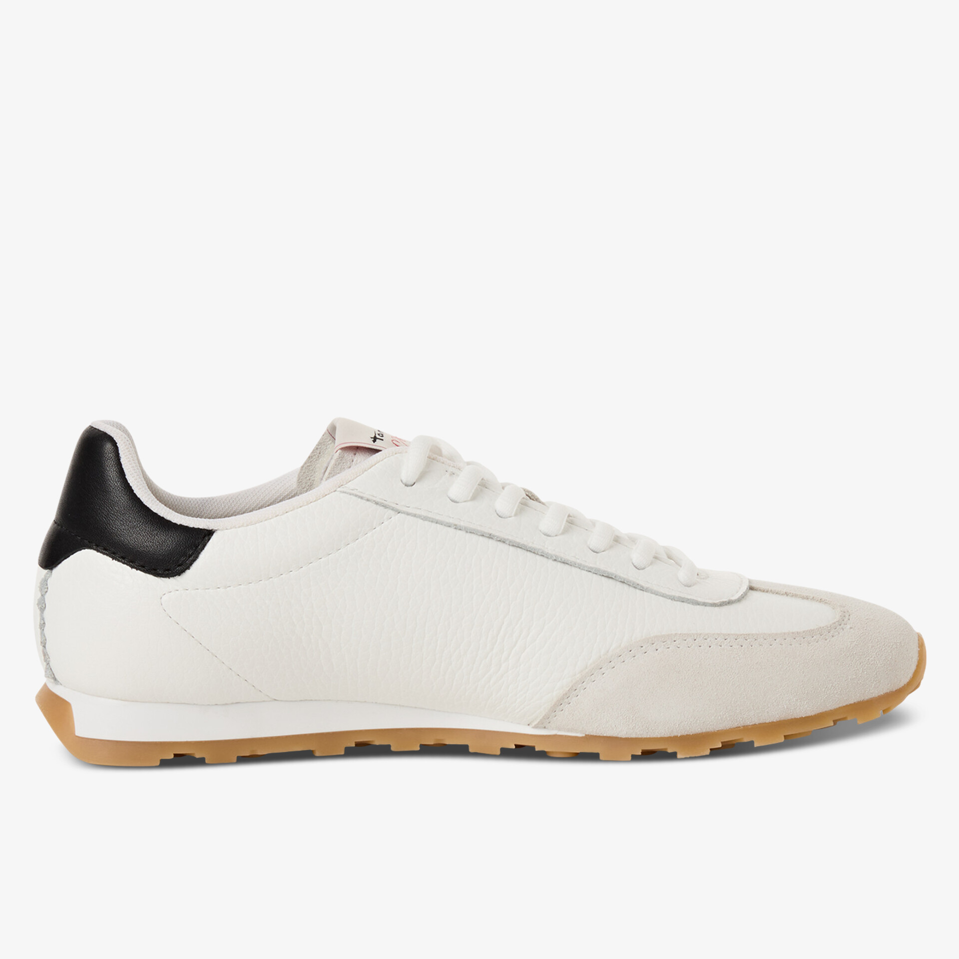 Moderner weißer Sneaker mit schwarzer Ferse, schlankem Design und leichter, flexible Sohle für komfortablen Tragekomfort