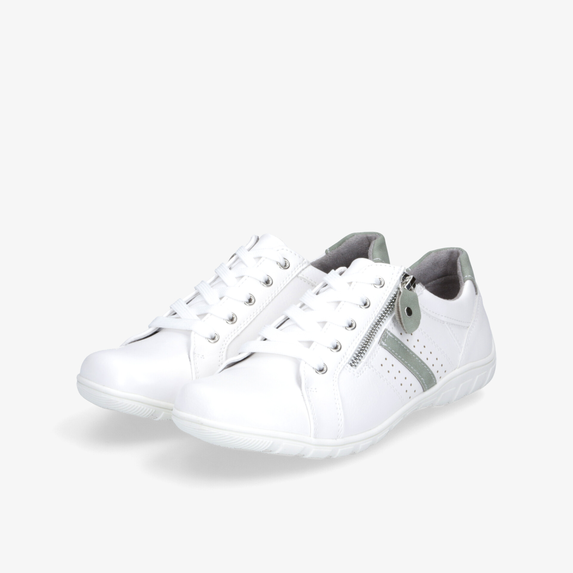 Weißes Paar Freizeitschuhe mit sportlichem Design, gepolsterter Innensohle und robuster Gummisohle in schräger Vorderansicht