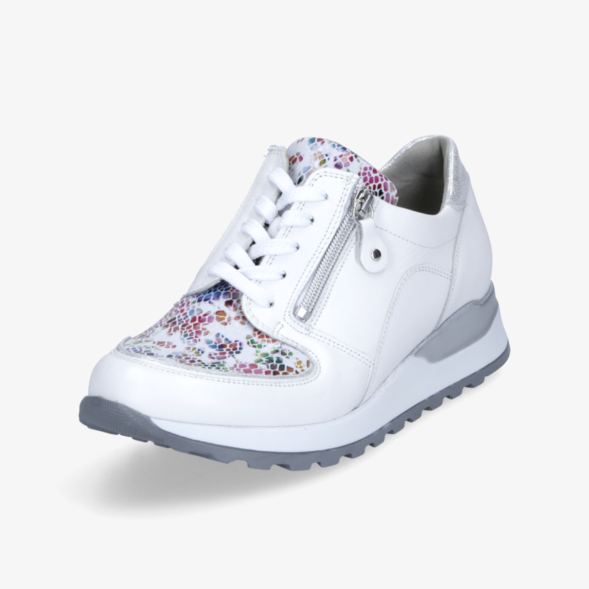 Weißer Sneaker mit floralem Muster, Reißverschluss und Schnürung, bequemer und leichter Sportschuh, rutschfeste Sohle