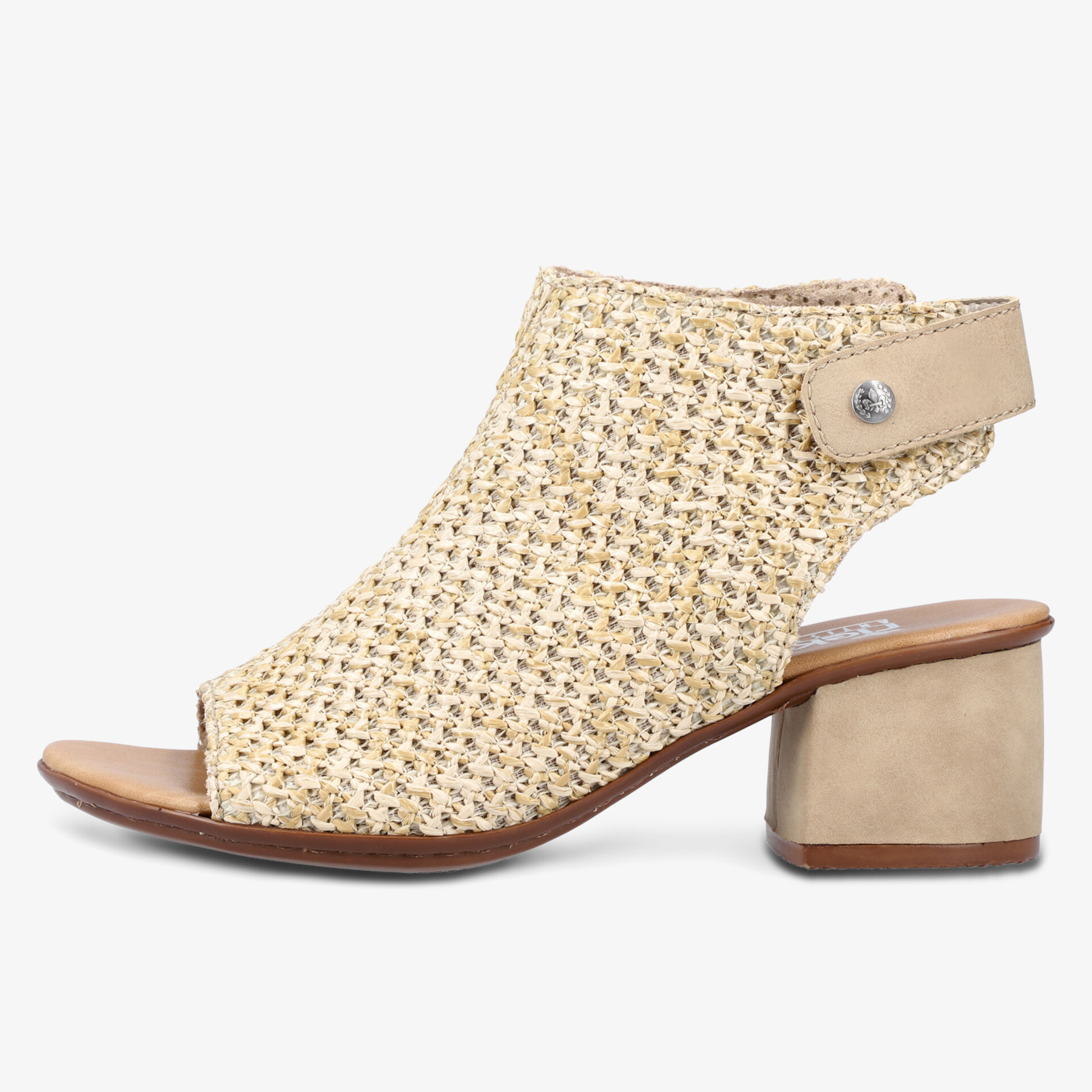 Seitliche Ansicht eines offenen Schuhs mit gewebtem Obermaterial und kurzem Blockabsatz für hohen Tragekomfort