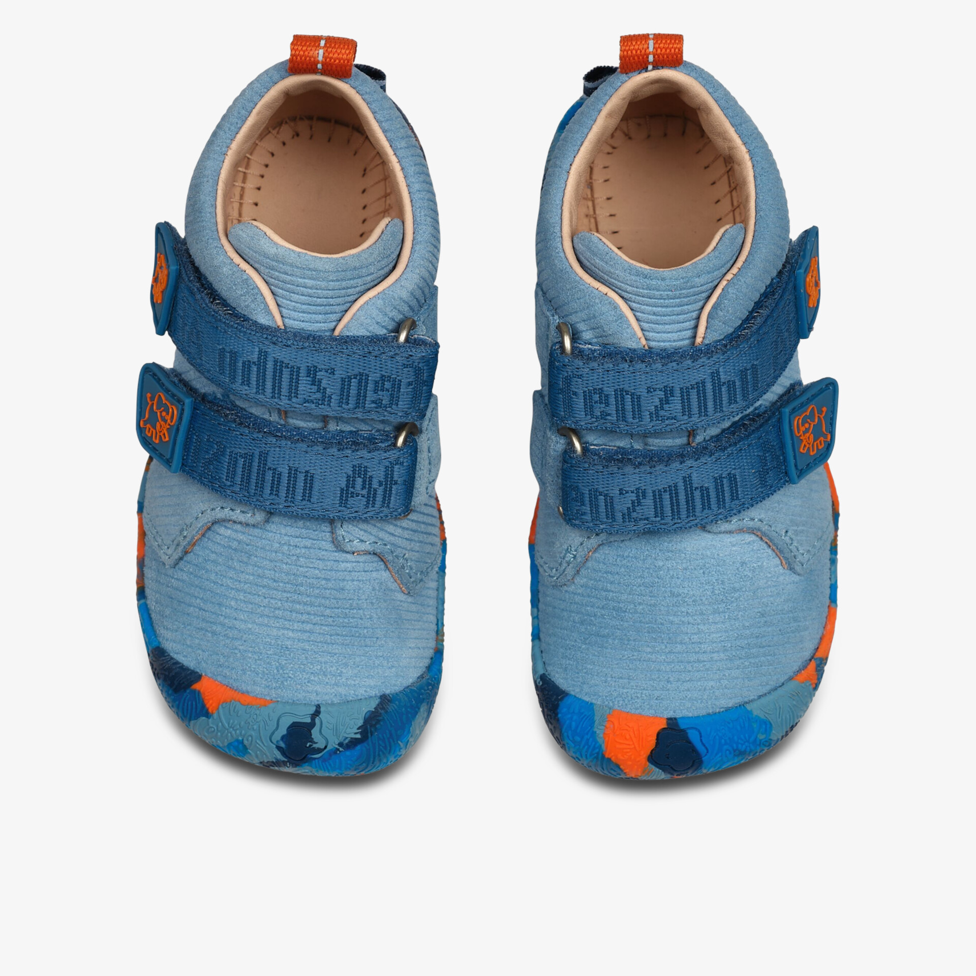 Bequeme leichte Schuhe mit elastischem Klettverschluss und robustem in blau und orange