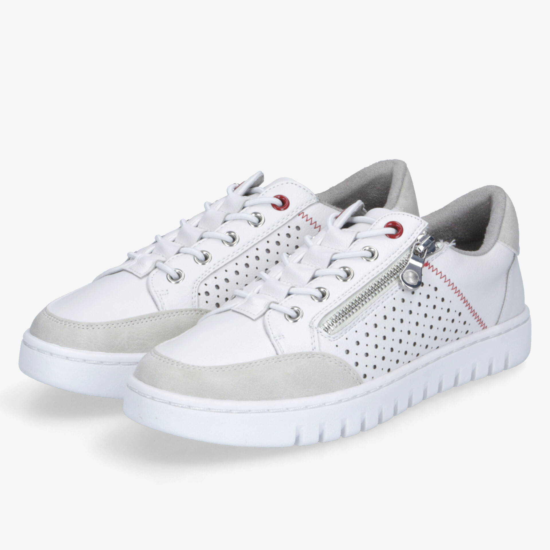 Weißer Sneaker mit perforiertem Material, seitlichem Reißverschluss und flexibler, leichter Sohle