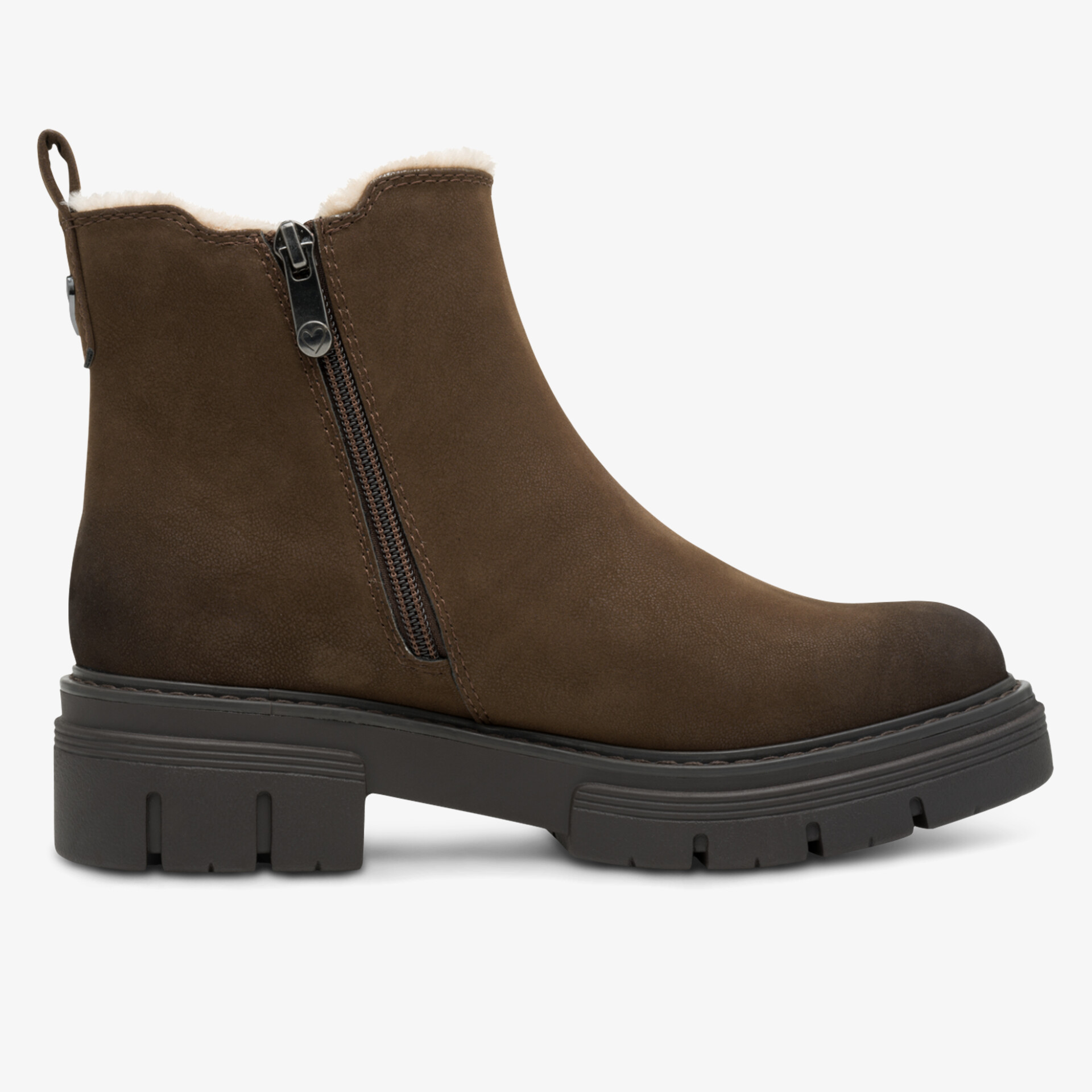 Warmer brauner Stiefel mit seitlichem Reißverschluss und profilierter Sohle, ideale Winterfreizeit