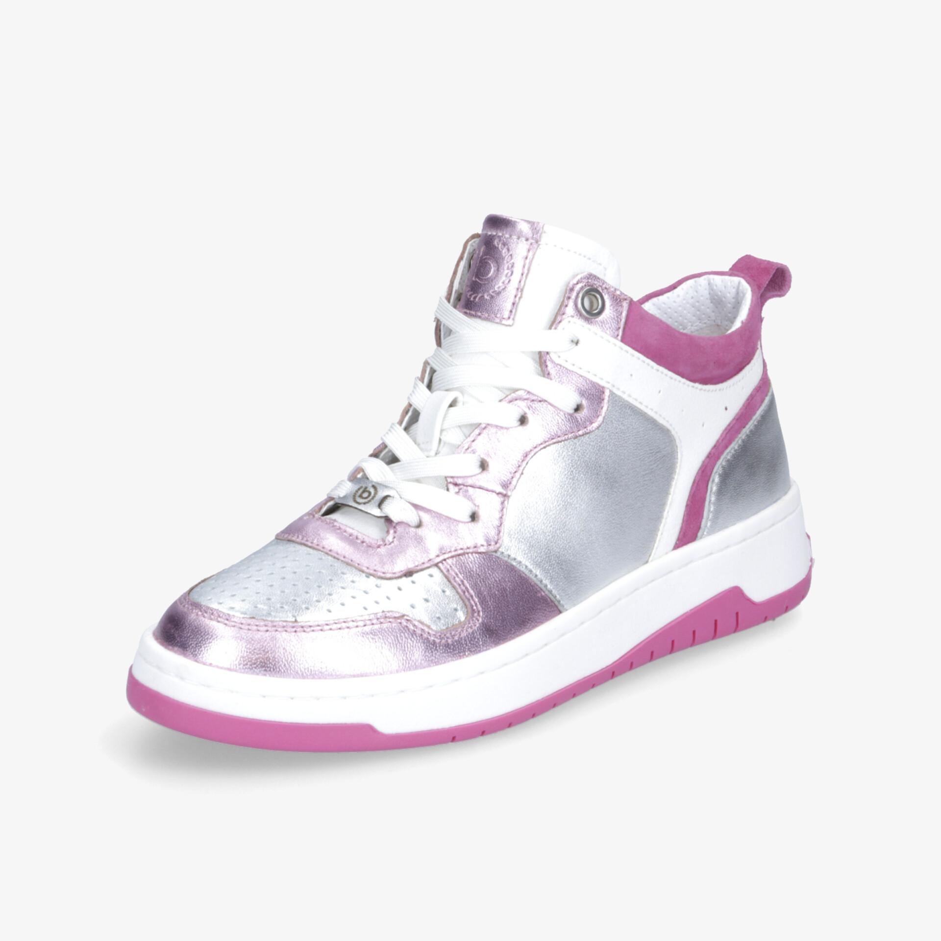 Moderner Sneaker mit glänzenden Metallic-Akzenten in Silber und Lila, ideal für einen modischen Auftritt.