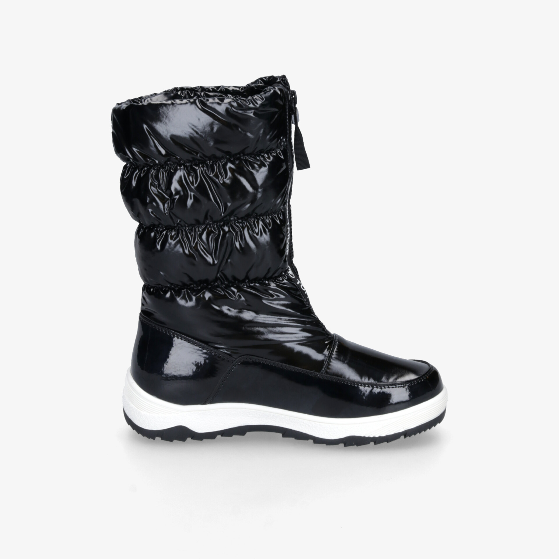 Schwarzer Winterstiefel mit wasserfester Oberfläche, warmer Isolierung und rutschfester Sohle, Frontansicht