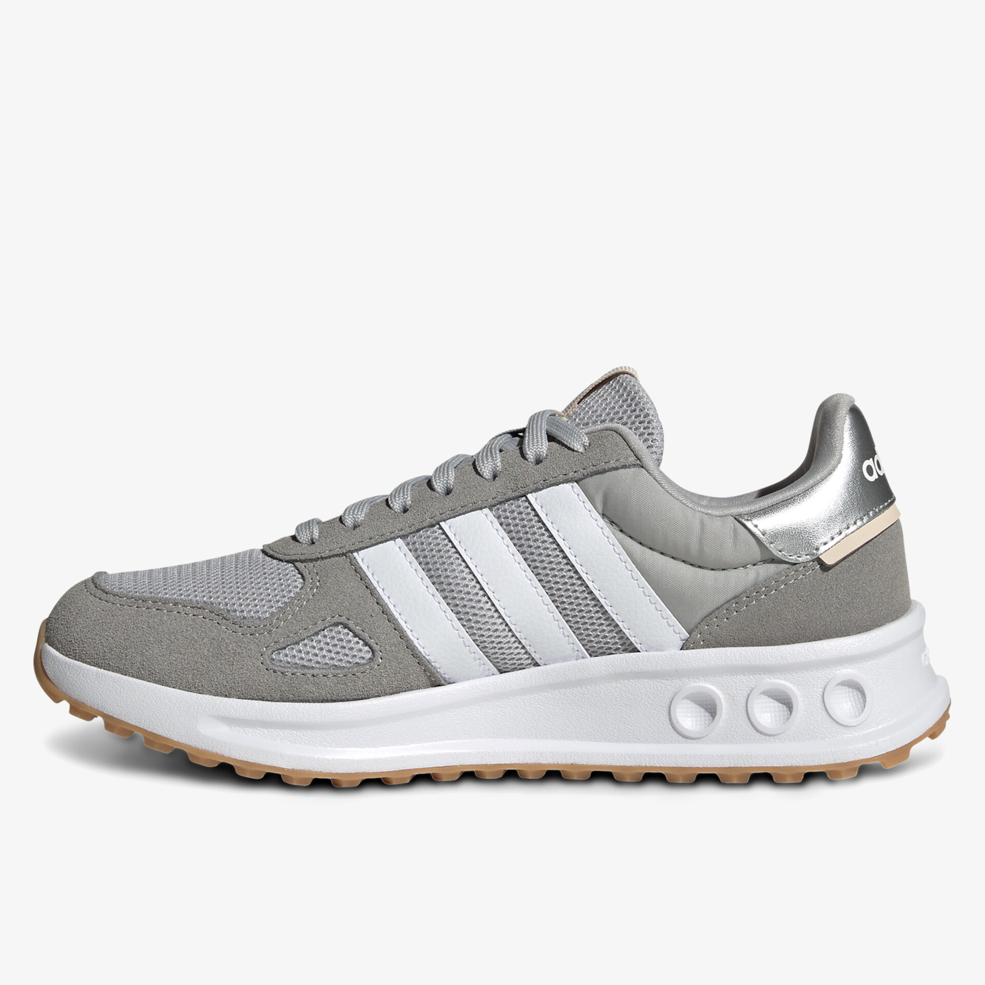 Moderner grauer Sport-Schuh mit weißer Sohle, atmungsaktiv und leichter Komfort für den täglichen Gebrauch