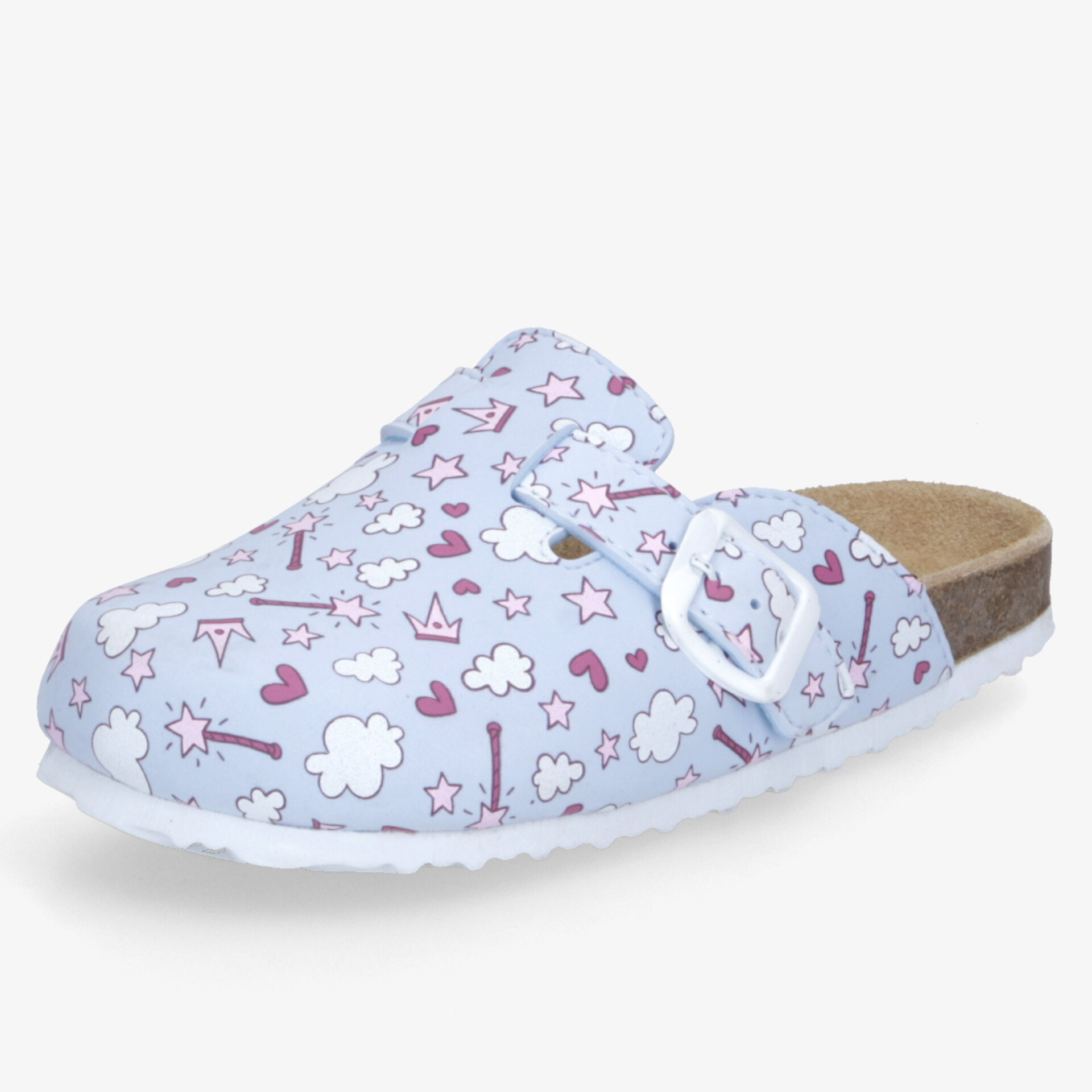Leichter und bequemer hellblauer Clog mit buntem Muster und verstellbarem Riemen für optimalen Tragekomfort