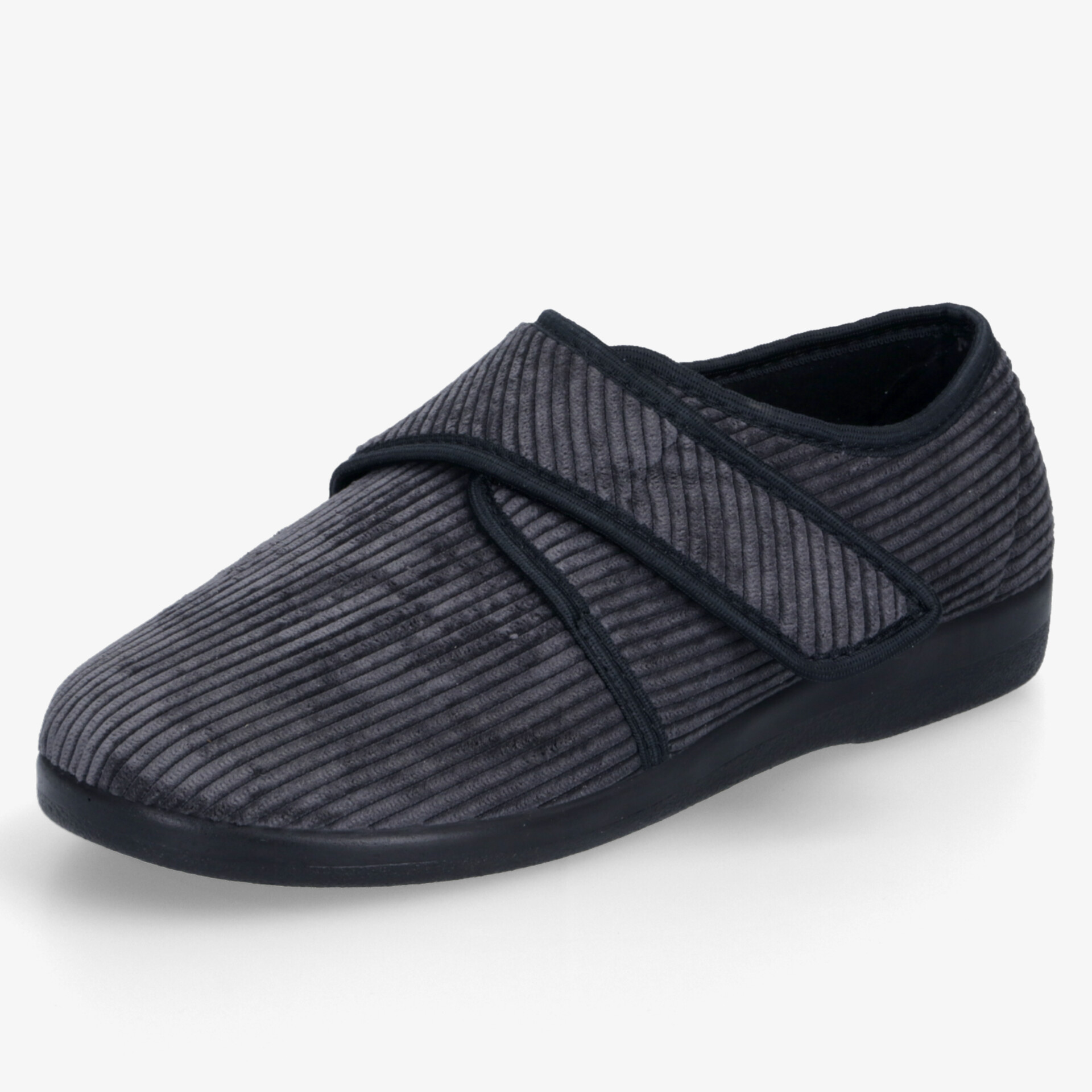 Bequemer grauer Hausschuh mit weichem Material und praktischem Klettverschluss für optimalen Tragekomfort