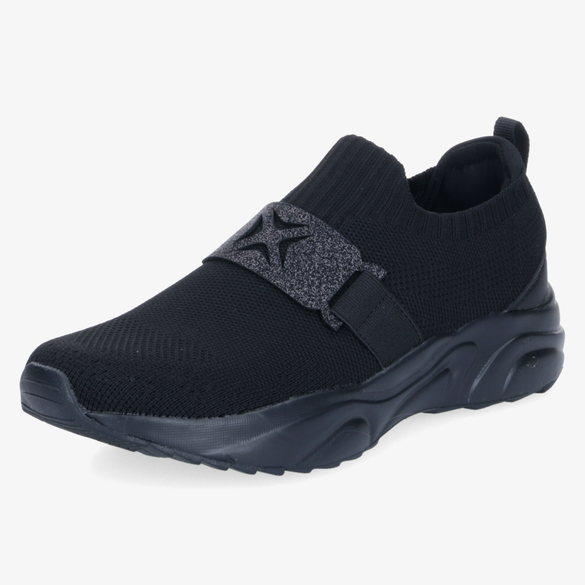 Moderner sportlicher schwarzer Schlupfschuh mit elastischem Bund und rutschfester Sohle, leicht und bequem