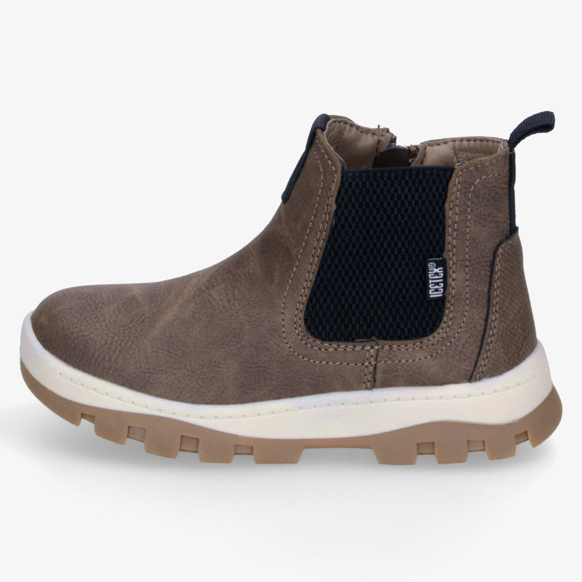 Robuster brauner Winterstiefel mit elastischem Einsatz und seitlichem Reißverschluss, komfortable Profilsohle