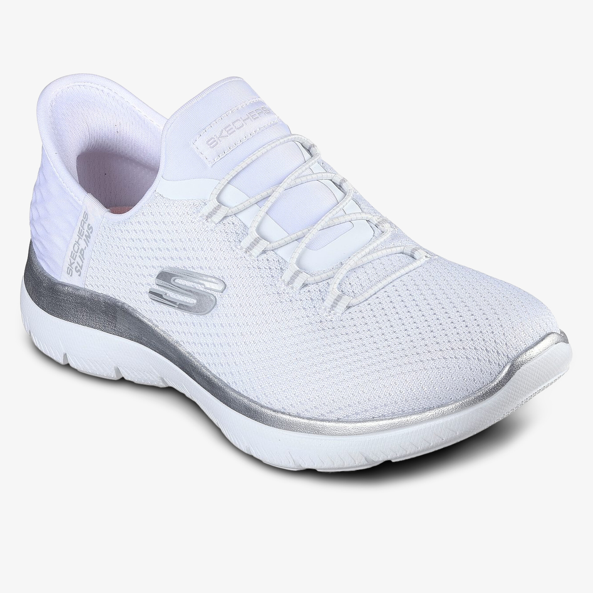 Moderner weißer Sneaker mit atmungsaktivem Obermaterial und silbernen Akzenten.
