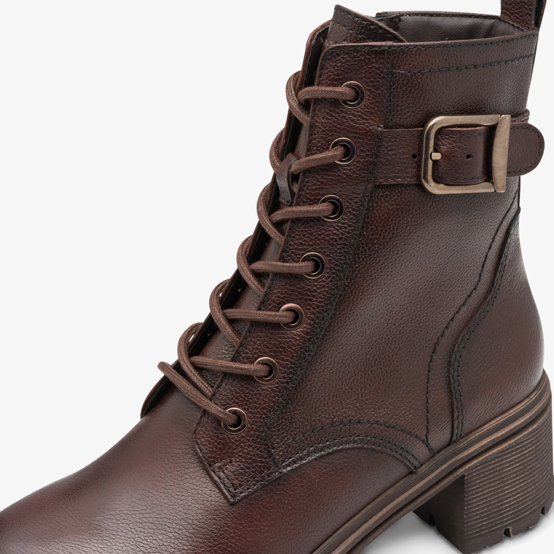 Robuste braune Stiefelette mit Schnürung, Reißverschluss und dekorativer Schnalle für stilvollen Komfort