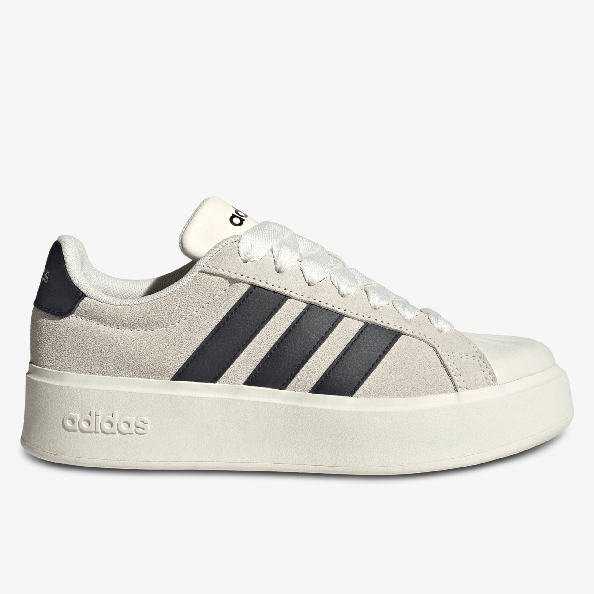 Moderner weißer Sneaker mit schwarzem Streifendetail und bequemer Sohle seitlich aufgenommen