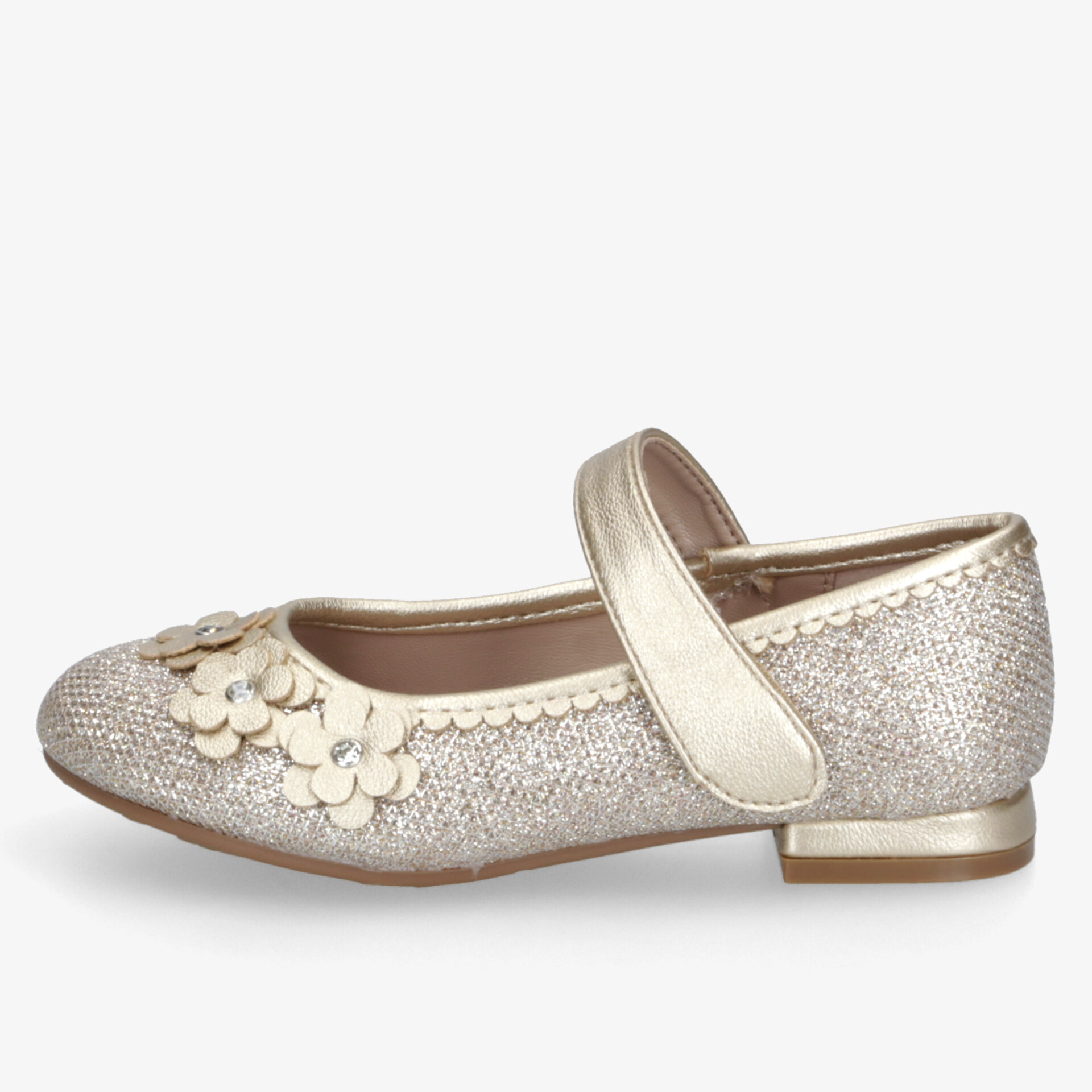 Eleganter goldener Schuh mit dekorativen Blüten, elastisch, mit kleinem Absatz und praktischem Klettverschluss