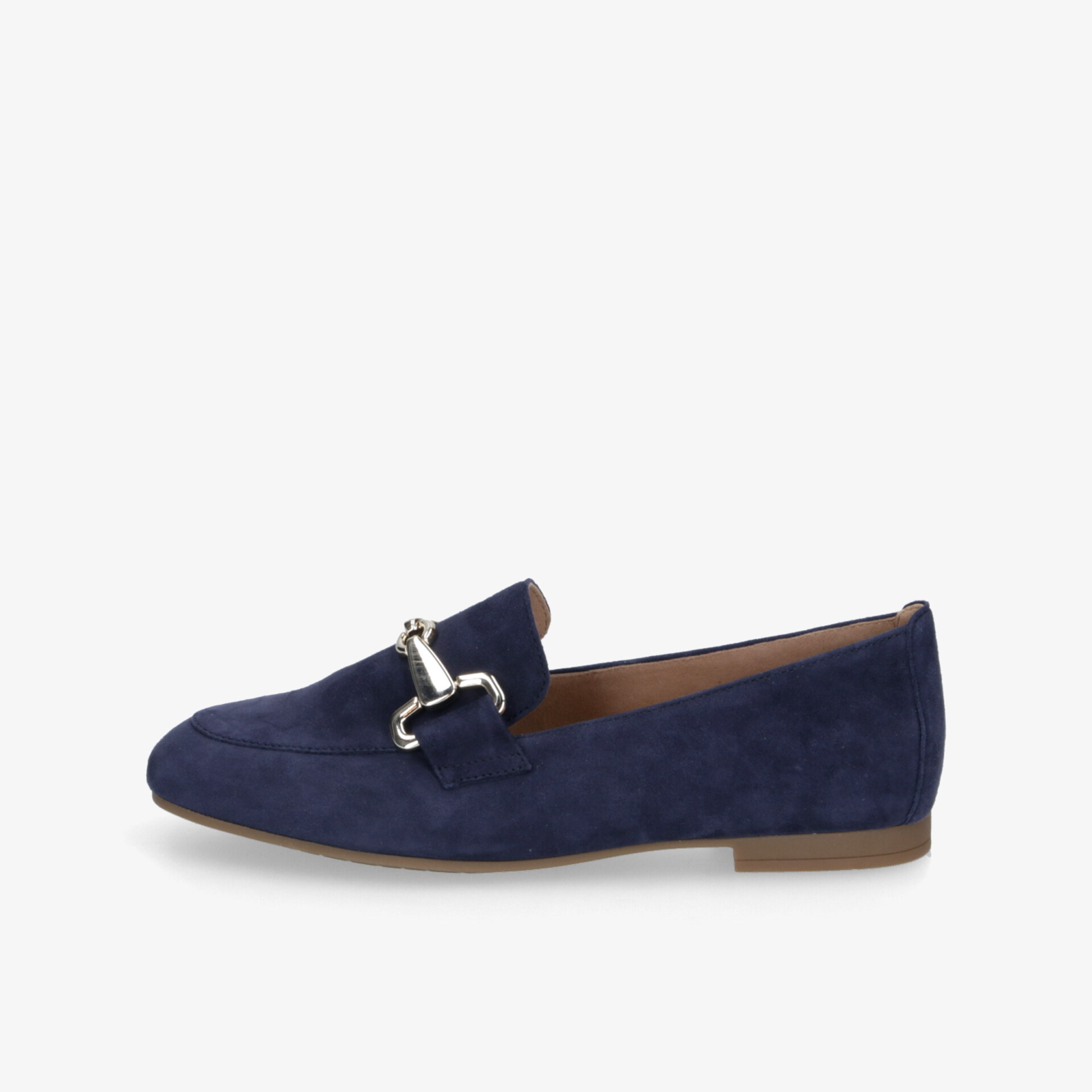 Eleganter blauer Wildleder Slipper mit Metallverzierung, flach und bequem für stilvollen Komfort