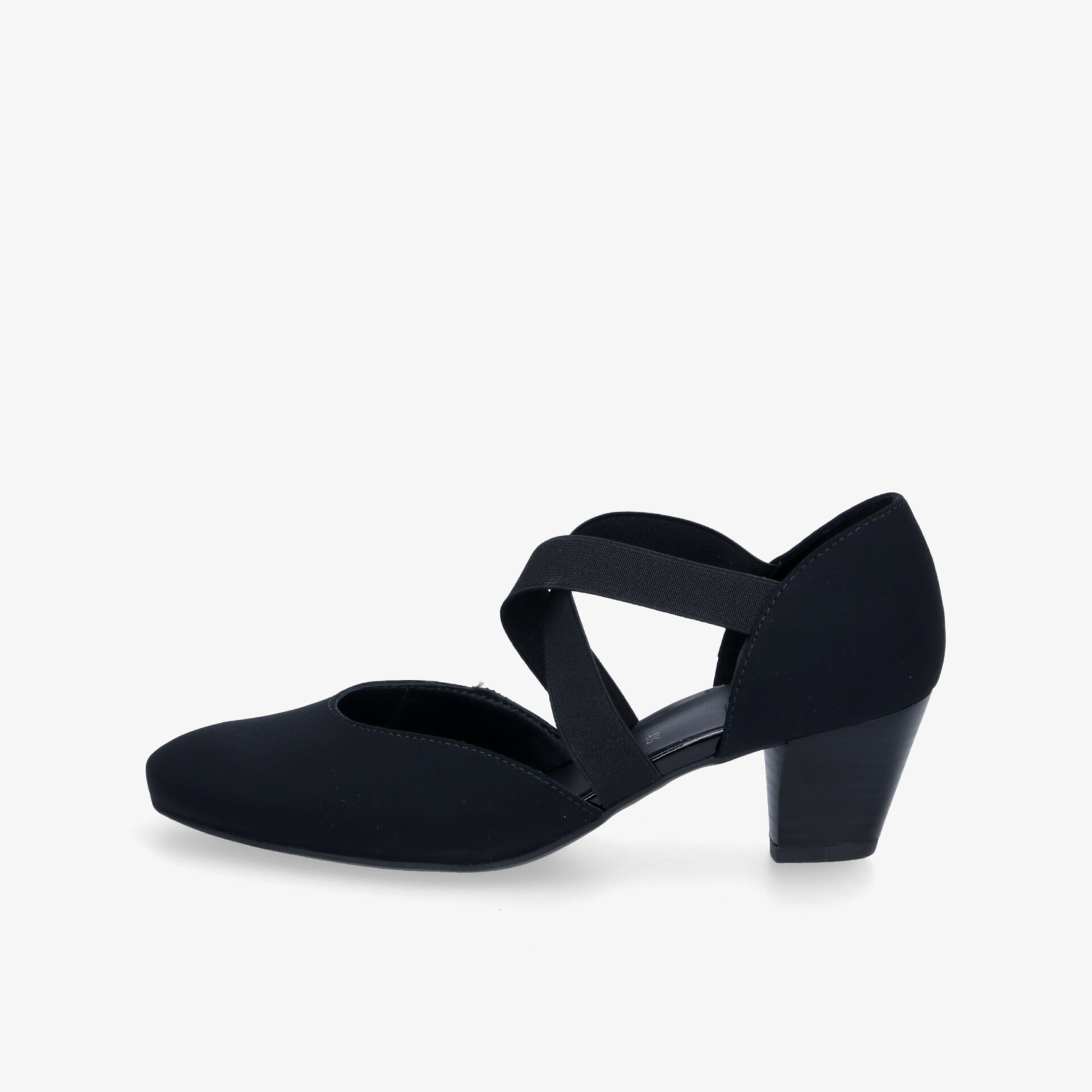 Eleganter schwarzer Schuh mit niedrigem Absatz und überkreuztem Riemen für stilvollen Tragekomfort.