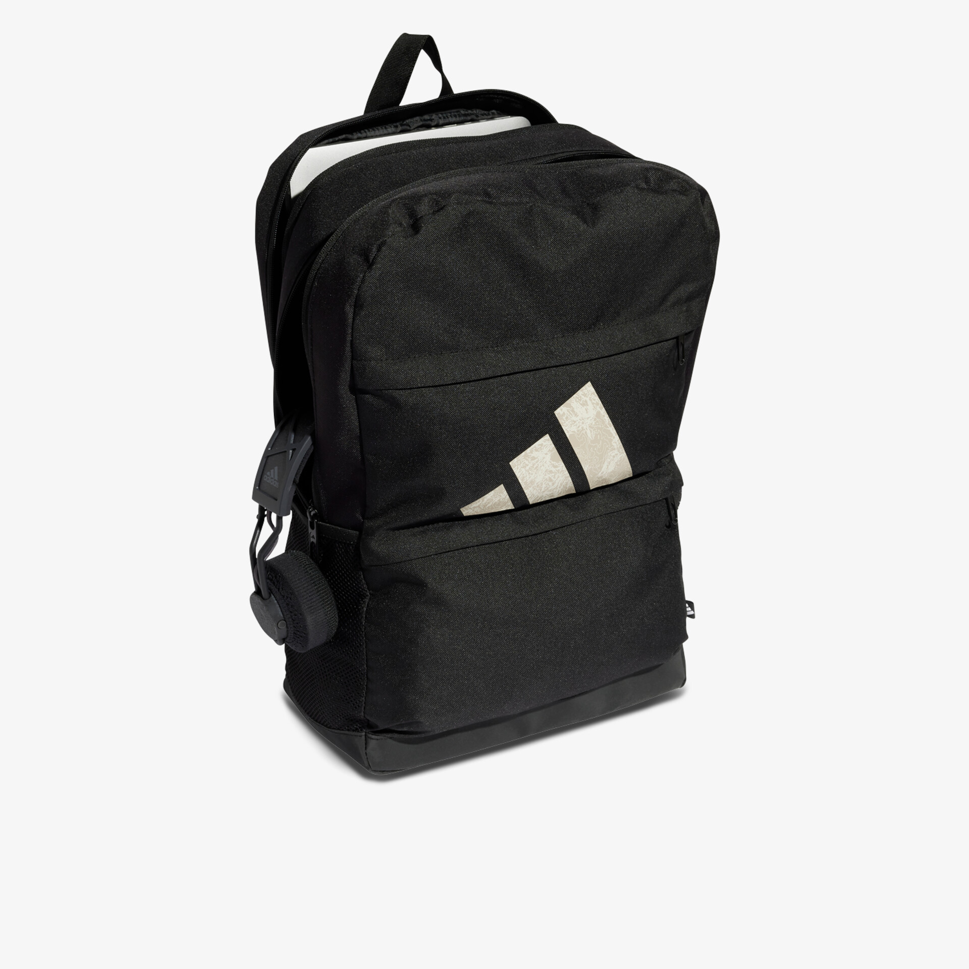 Schwarzer Rucksack mit großem Hauptfach, weißem Logo und verstellbaren Trägern, ideal für Alltag und Schule