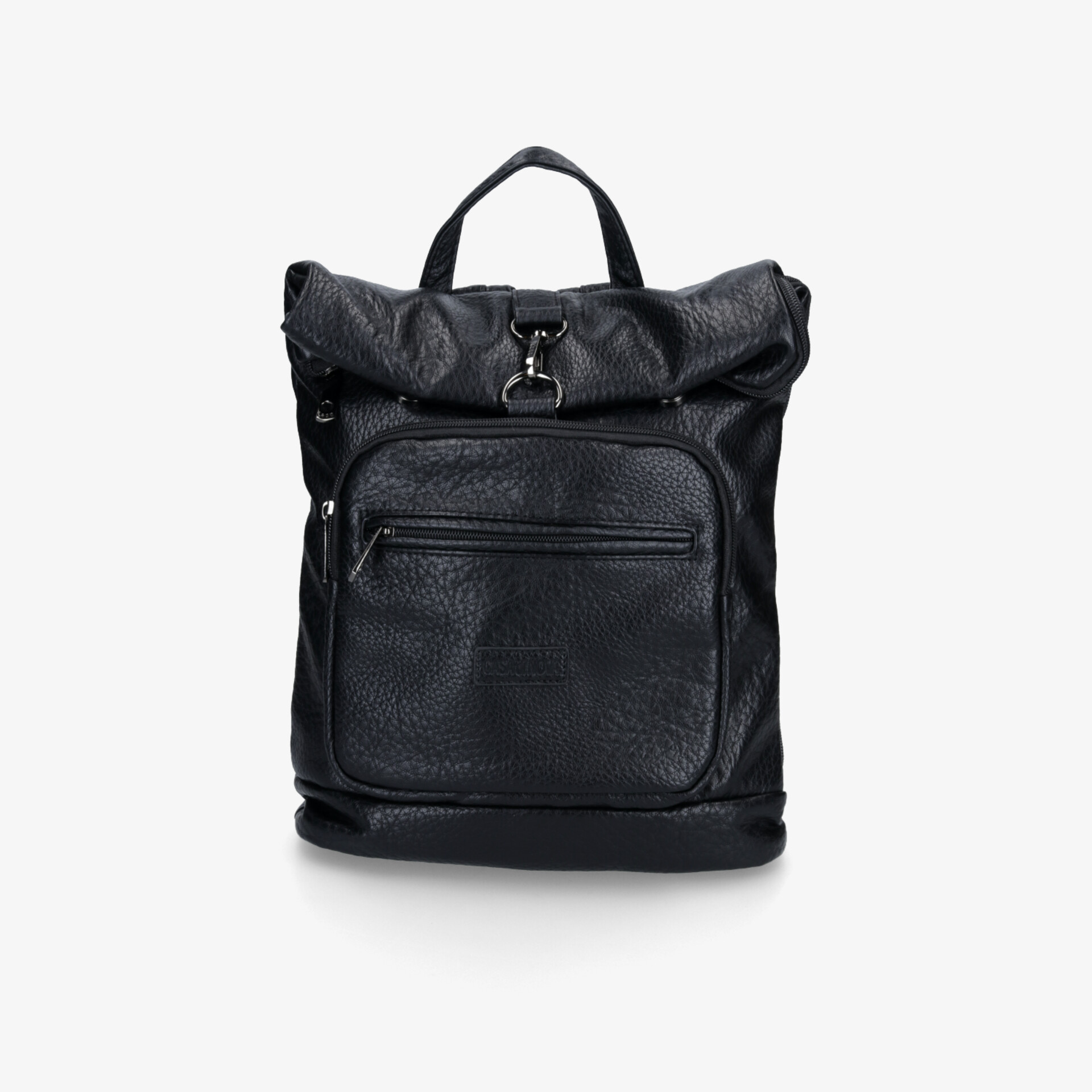 Schwarzer Rucksack mit geräumiger Fronttasche und robustem Tragegriff, perfekt für Alltag und Reisen