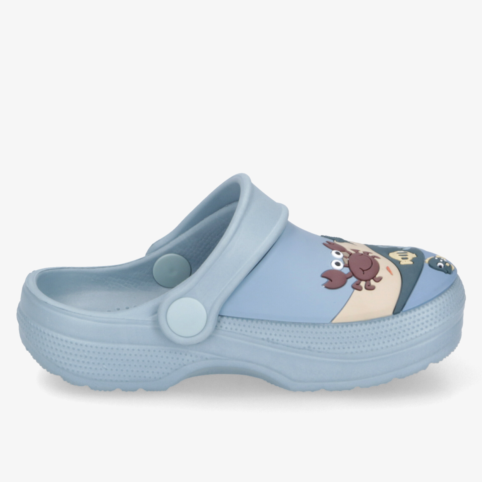 Bequemer blauer Kinderclog mit lustigem Cartoon-Motiv, ideal für drinnen und draußen, strapazierfähig und rutschfest.