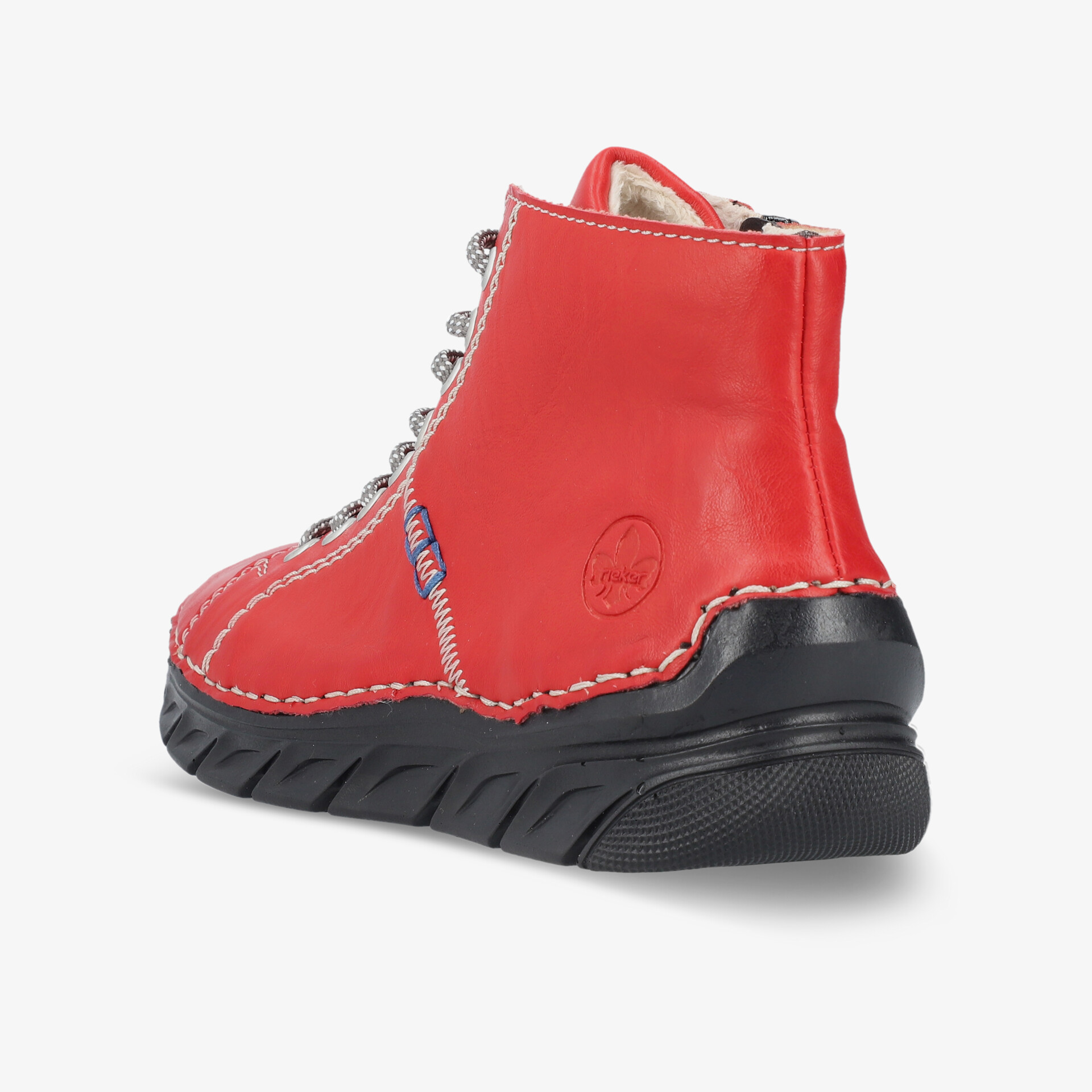 Roter Schuh mit robustem Profil, seitlichem Reißverschluss und bequemer Passform in klarer Rückansicht