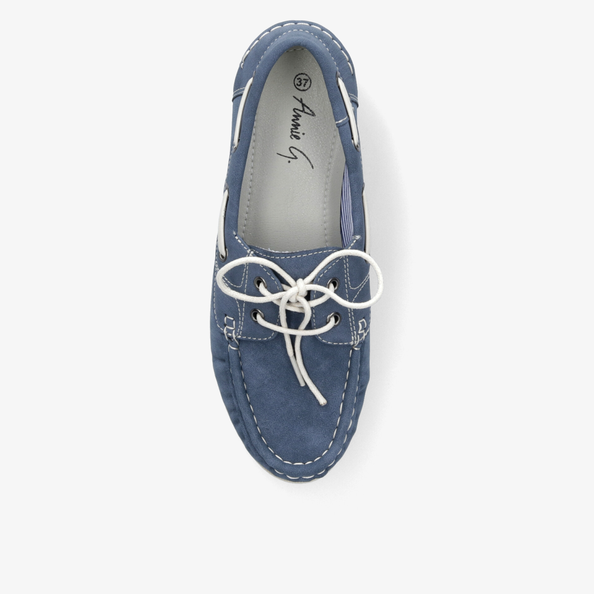 Eleganter blauer Bootsschuh aus Leder mit weißer Schnürung und rutschfester Sohle für komfortable Freizeitaktivitäten.