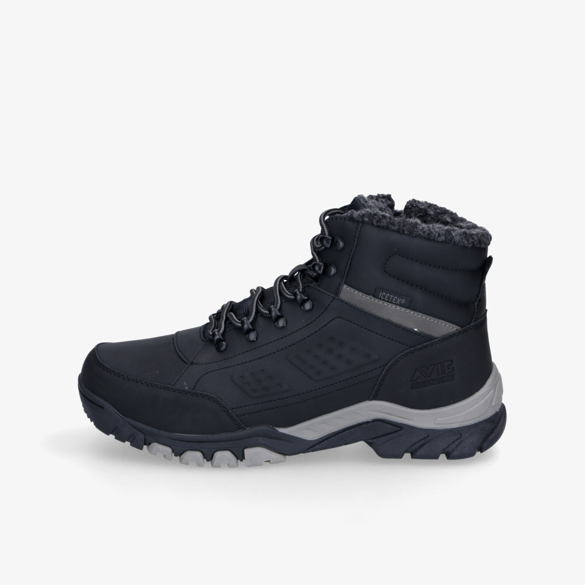 Schwarzer robuster Wanderschuh mit warmem Innenfutter und rutschfester Sohle für sicheren Halt