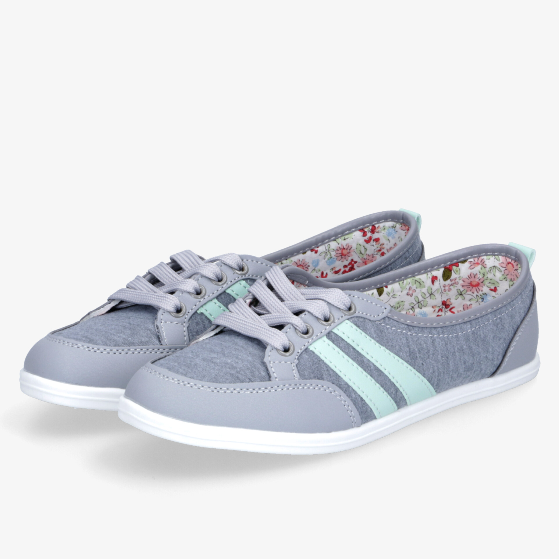 Leichte graue Freizeitschuhe mit mintfarbenen Streifen, komfortabel und atmungsaktiv, flexibles Schnürsystem