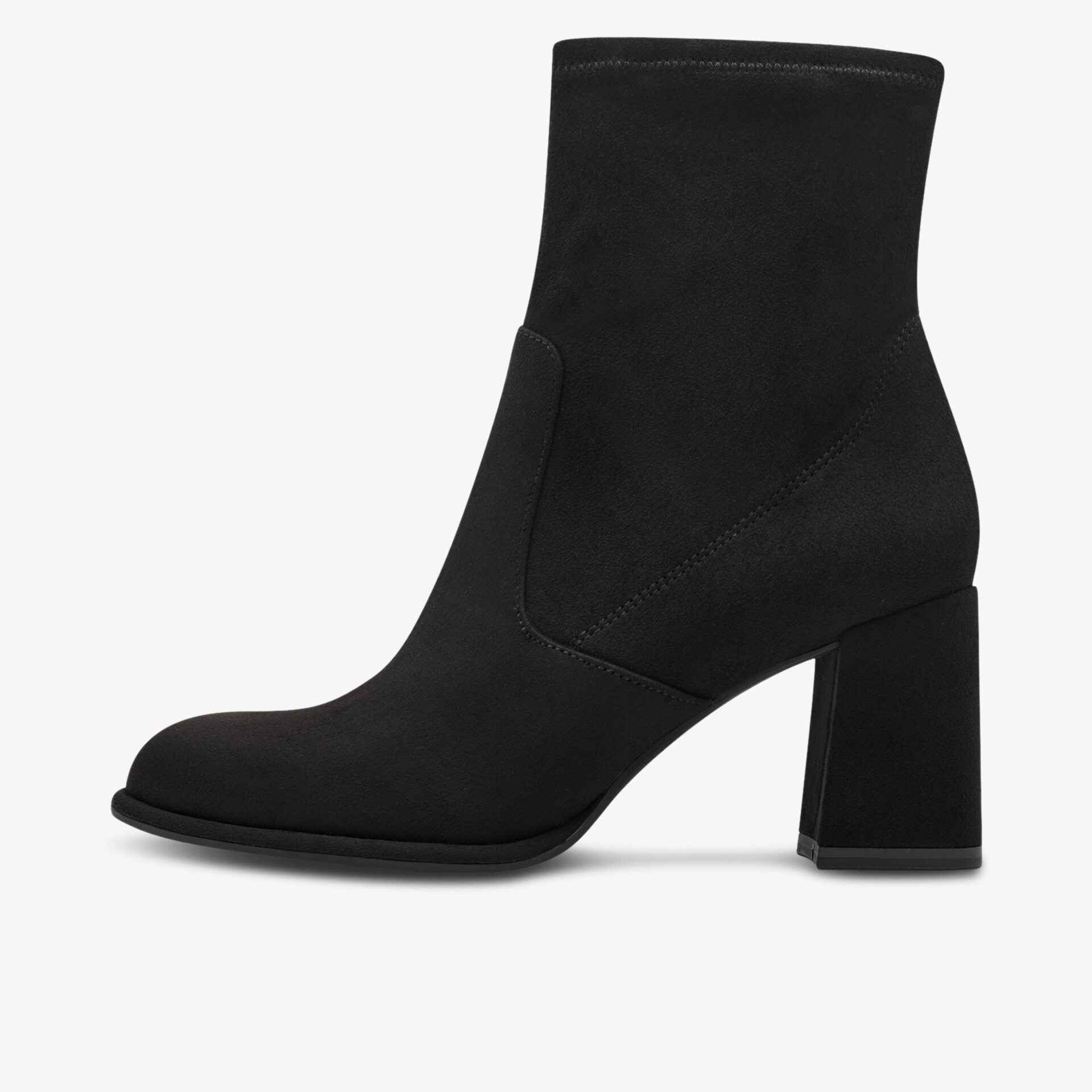 Elegante schwarze Stiefelette mit bequemem Blockabsatz und weichem Material in klarer Seitenansicht