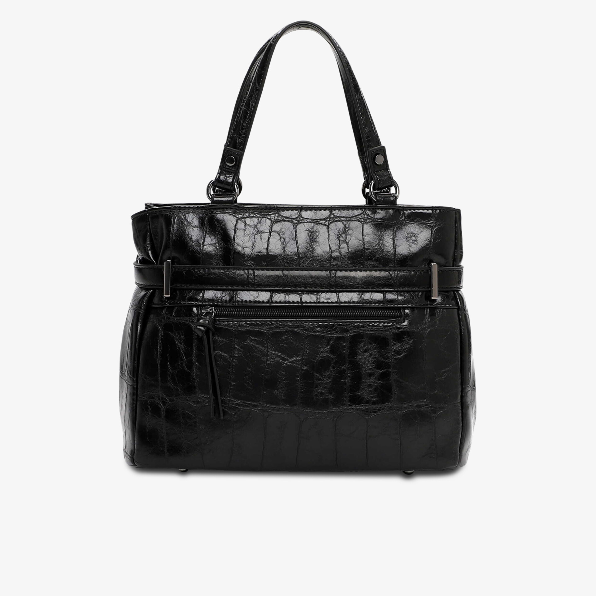 Schwarze elegante Tasche mit strukturierter Oberfläche und mehreren Fächern, robust und modisch