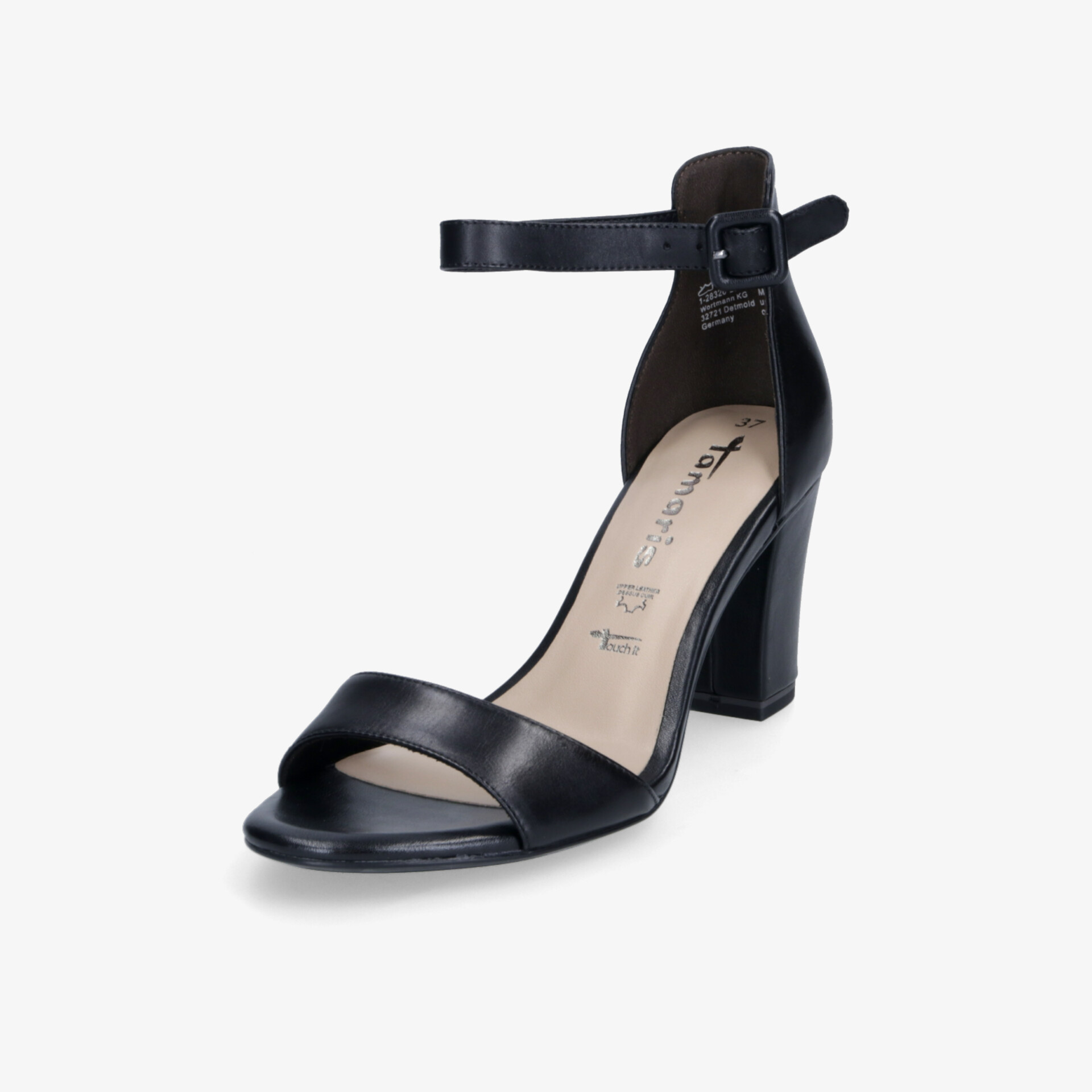Elegante schwarze Sandalette mit hohem Blockabsatz und verstellbarem Knöchelriemen, offene Zehenpartie