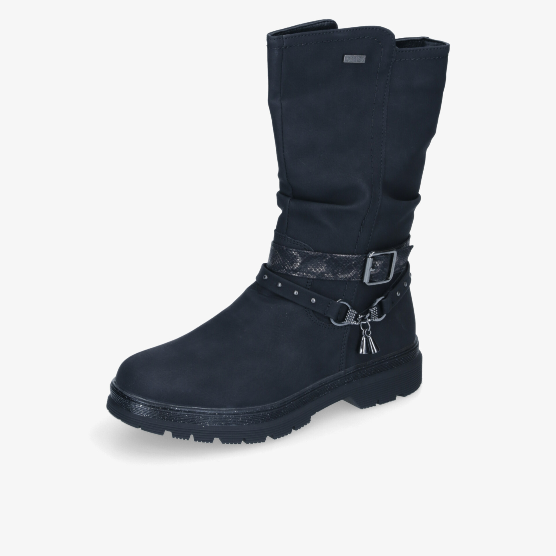 Schwarzer Winterstiefel mit warmer Innenfütterung, wasserabweisendem Material und rutschfester Sohle, modische Schnalle