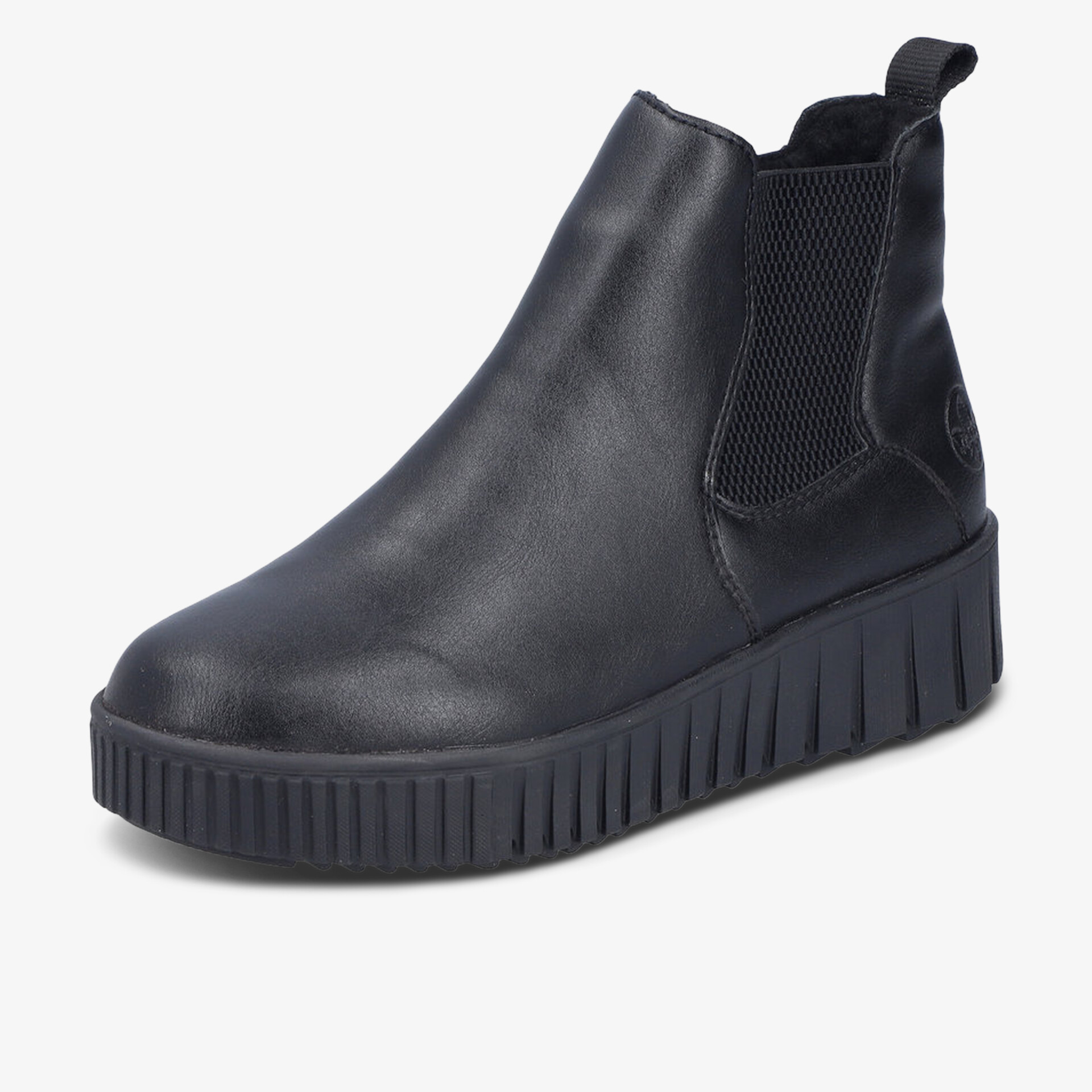 Schwarze Stiefelette aus glattem Leder mit elastischen Einsätzen und profilierter Gummisohle für bequemen Halt