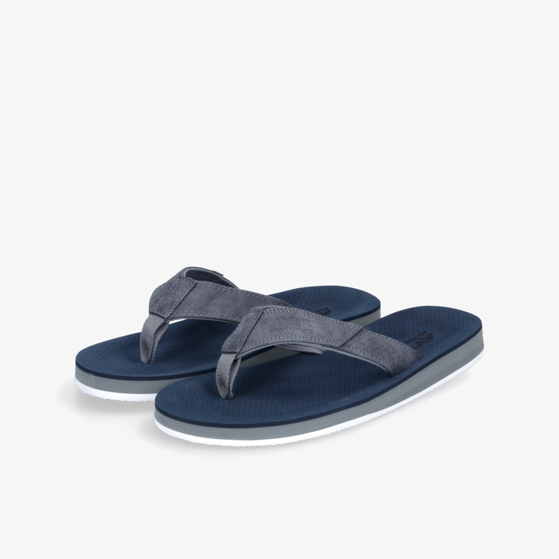 Leichte und bequeme blaue Flip Flops mit grauen weichen Riemen und rutschfester weißer Sohle ideal für Freizeit