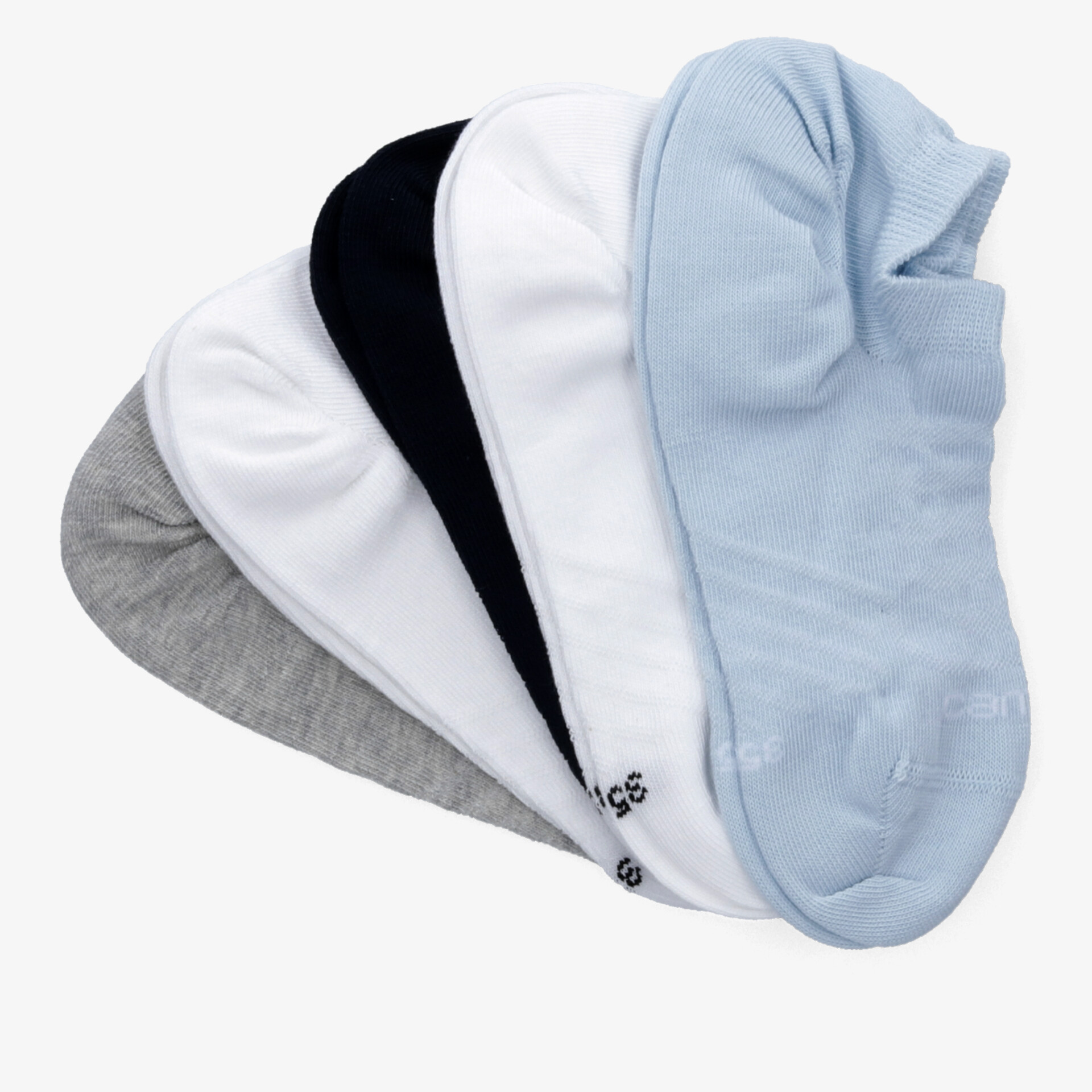 Fünf verschiedene bunte Sneaker-Socken aus weichem, atmungsaktivem Material für hohen Tragekomfort