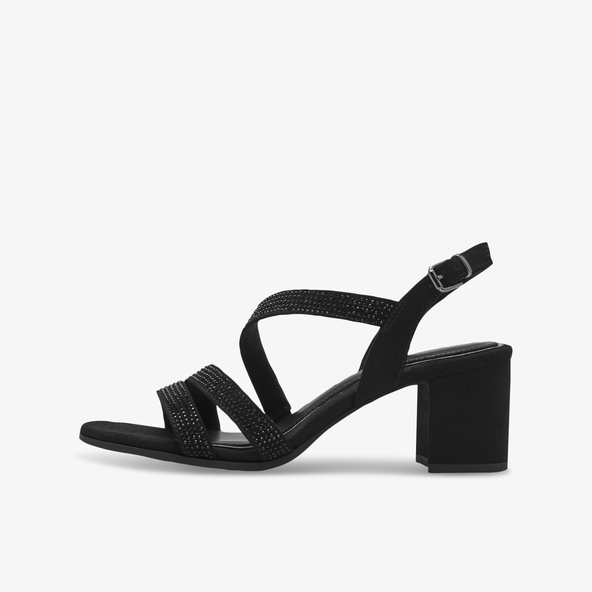 Schwarze Sandale mit mittelhohem Blockabsatz und filigranen Riemchen für eleganten und bequemen Tragekomfort