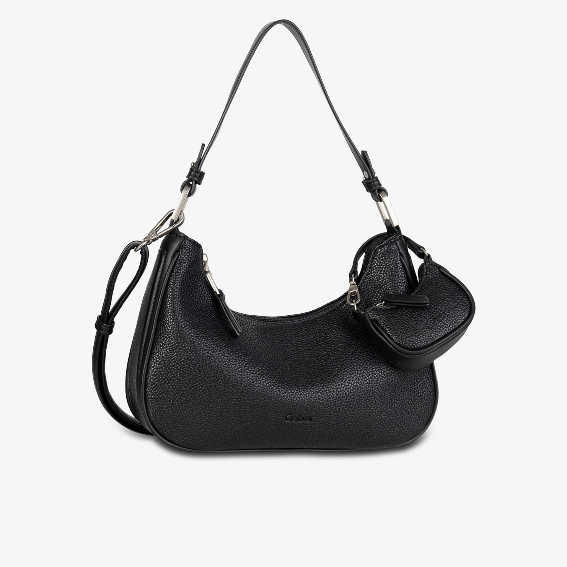 Elegante schwarze Ledertasche mit weicher Struktur, kompakt und vielseitig, verstellbarer Schulterriemen und abnehmbarem Anhänger