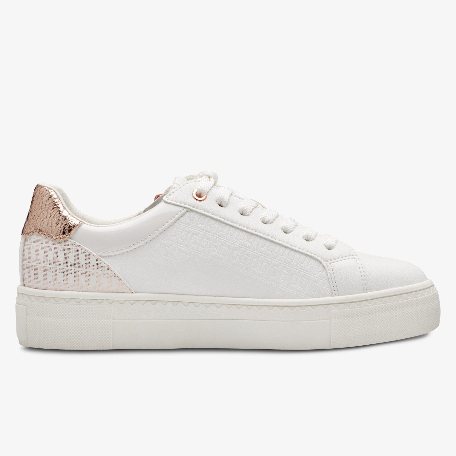 Moderner weißer Sneaker mit Metallic-Akzent und Plateau-Sohle für trendbewusstes Auftreten.