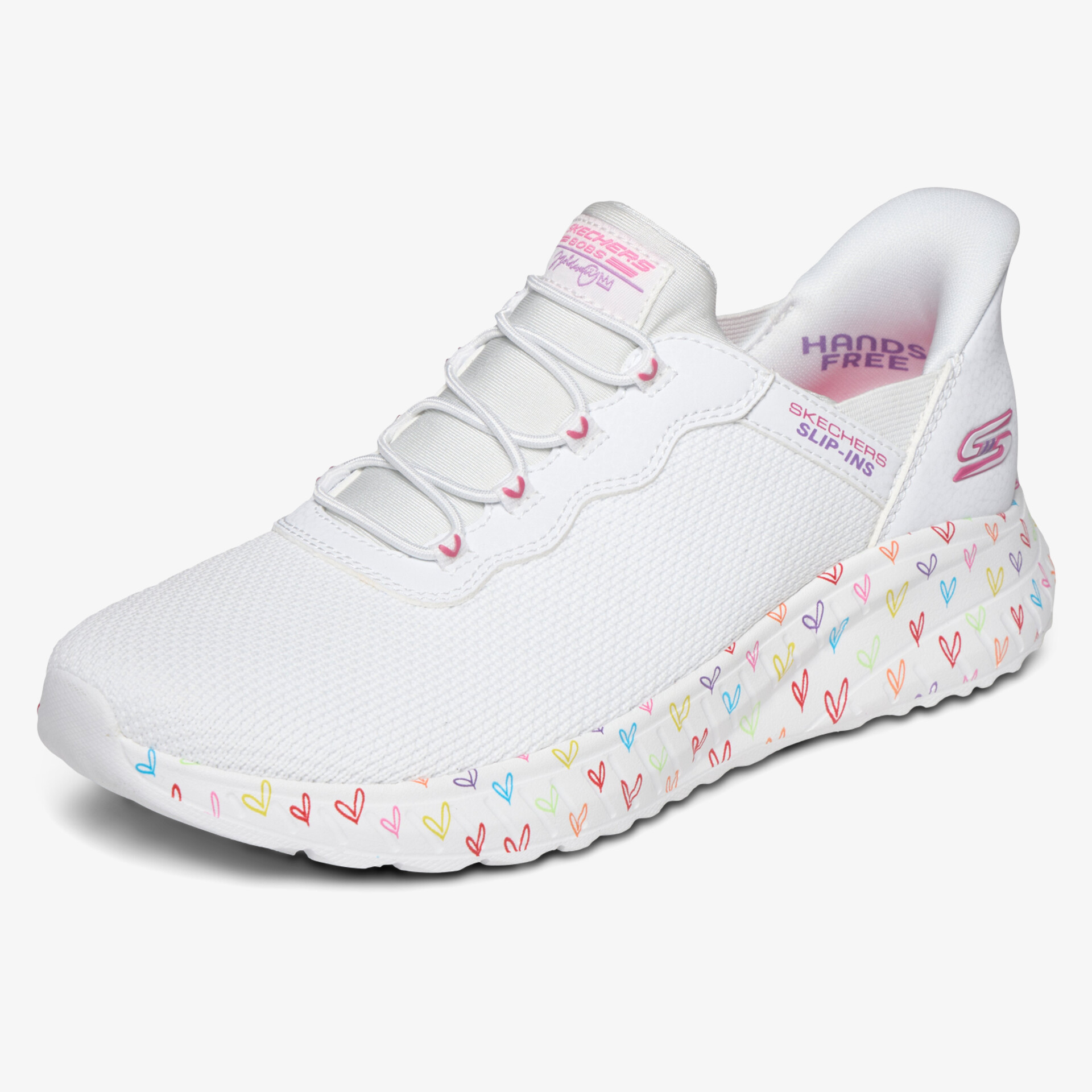 Weißer Sneaker mit buntem Herzenmuster auf der Sohle, atmungsaktiv und leicht, sportliches Design