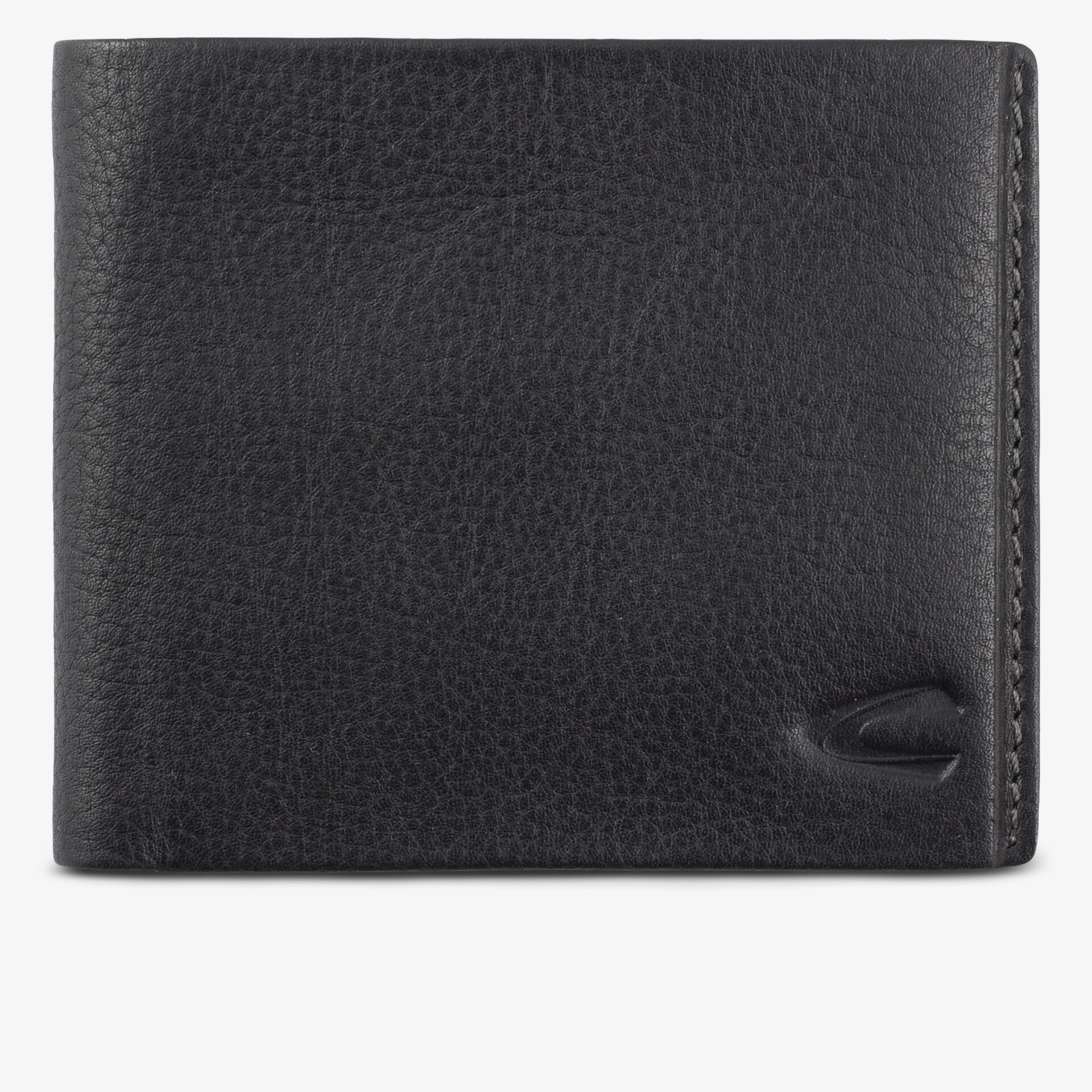 Schwarze Leder-Geldbörse mit kompaktem Design und dezentem Logo Vorderansicht