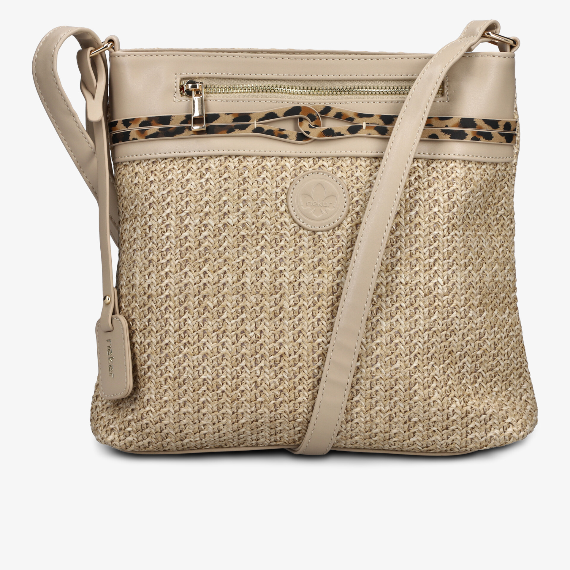 Beige geflochtene Umhängetasche mit Reißverschluss und auffälligem Tiermuster Akzent, kompakt und praktisch