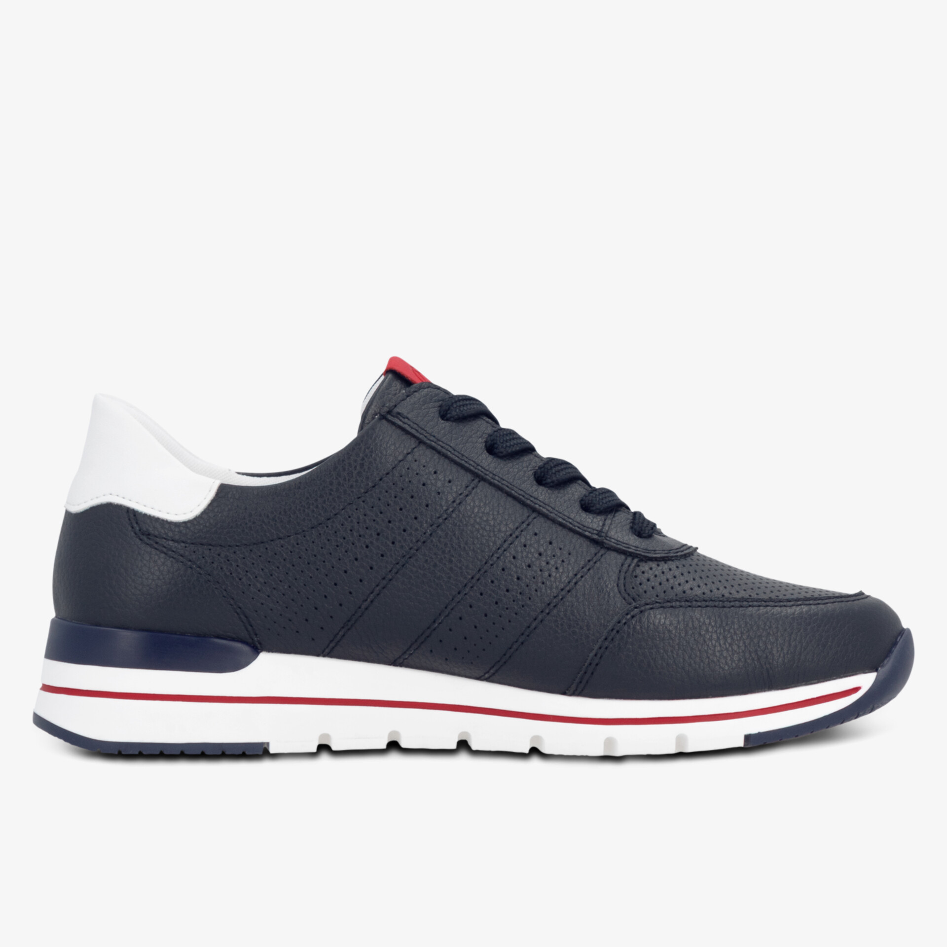 Navy blaue Sneaker mit weißem und rotem Akzent, sportlich und leicht, seitliche Ansicht