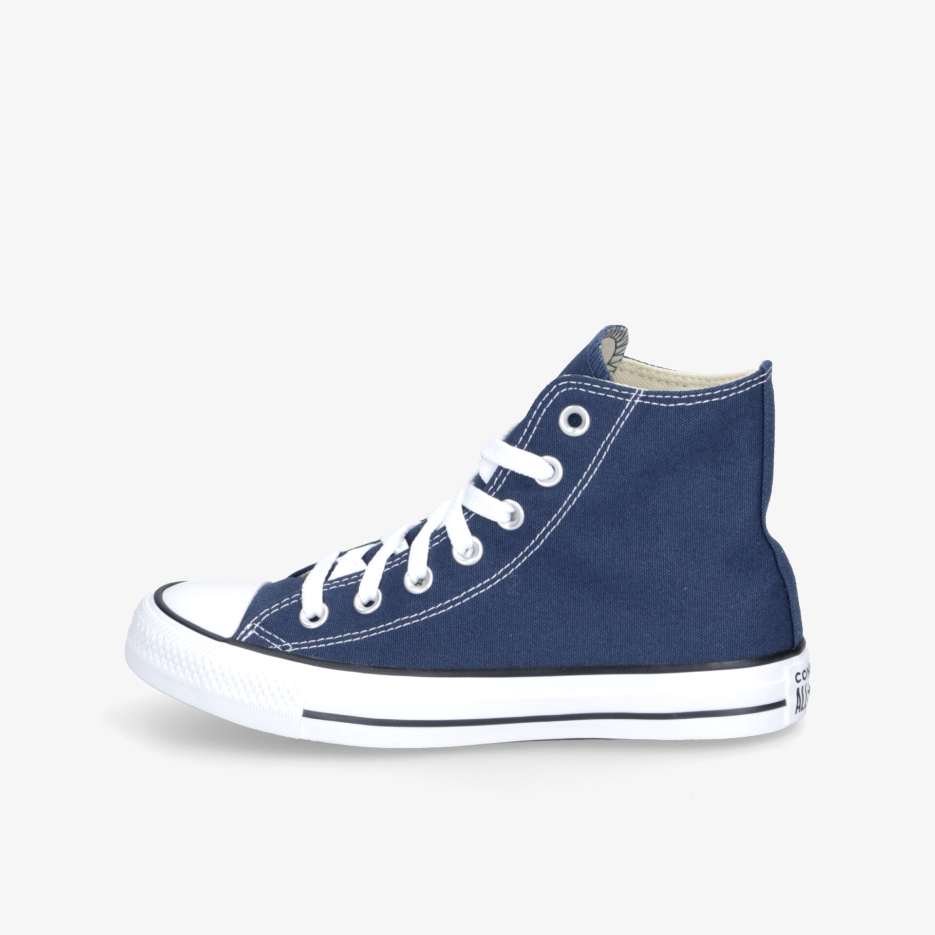 Seitliche Ansicht eines blauen Sneakers mit weißer Gummisohle und klassischer Schnürung, robust und bequem