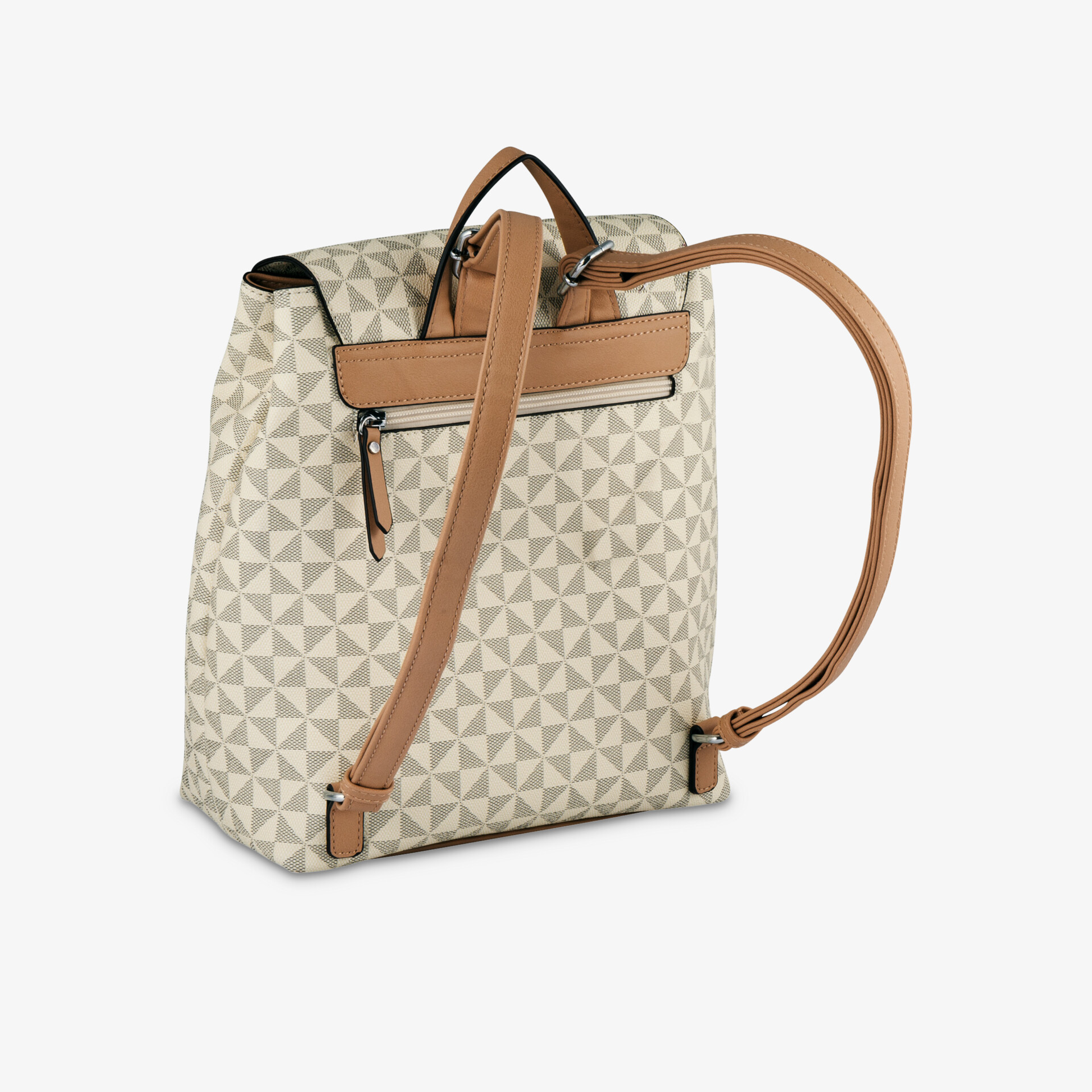 Eleganter Rucksack mit geometrischem Muster, geräumigem Innenraum und verstellbaren Riemen in Beige und Braun.