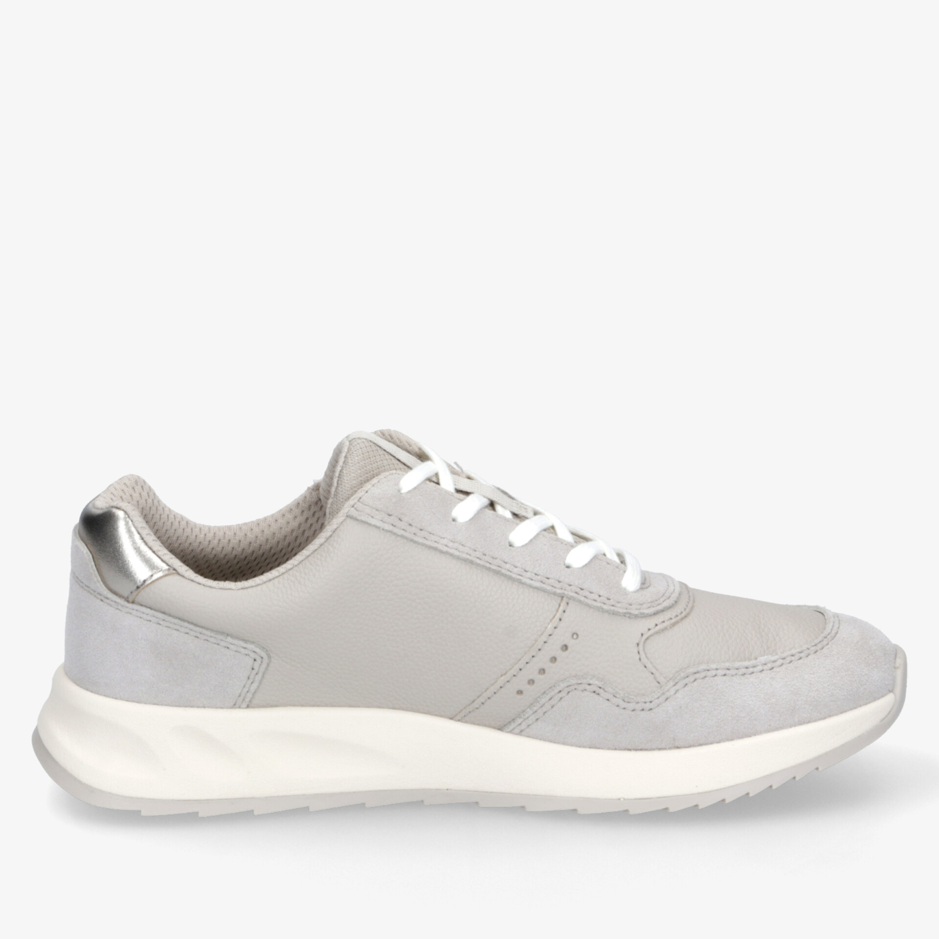 Moderner grauer Sportschuh mit komfortablem Design und rutschfester Sohle, seitliche Ansicht