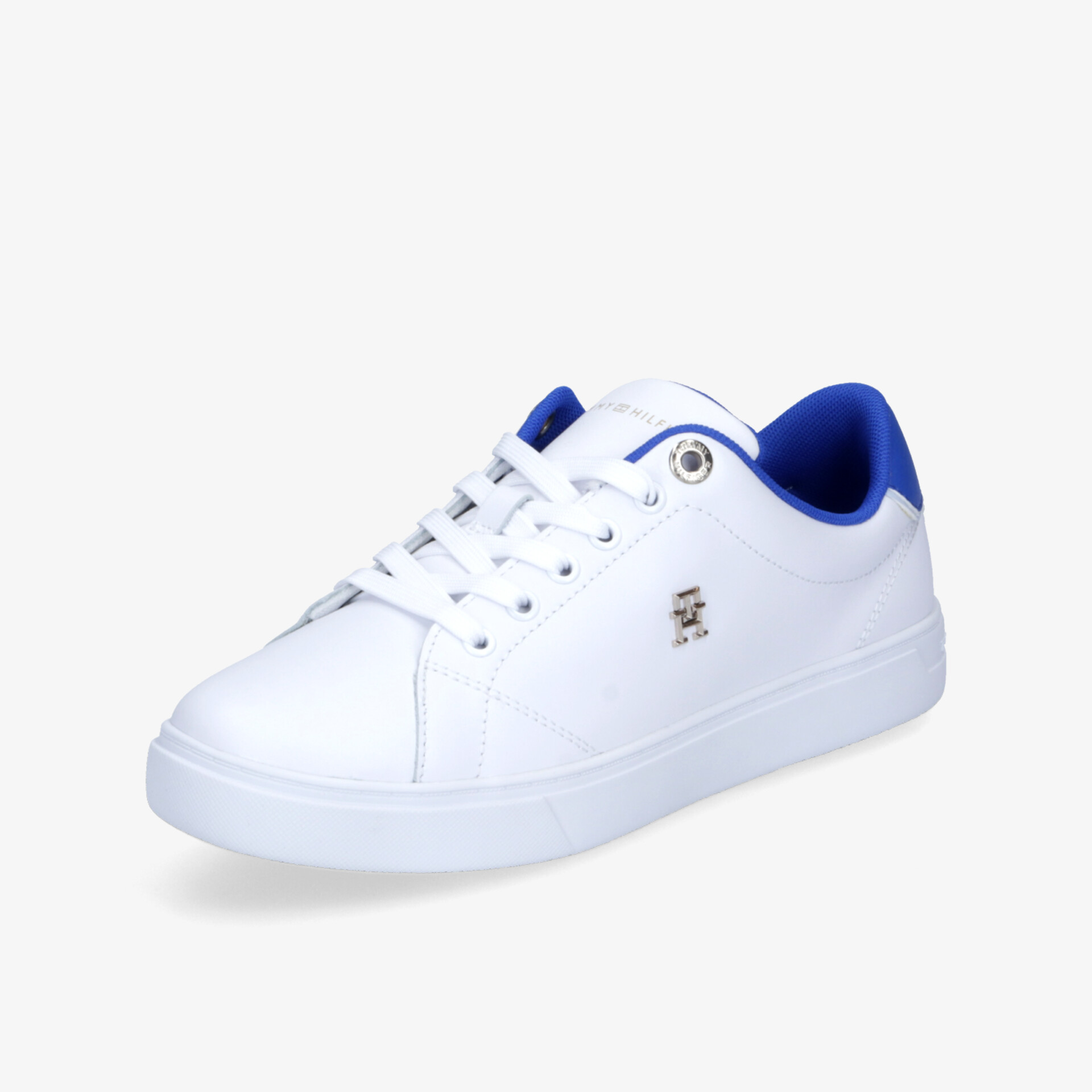 Moderner weißer Sneaker mit blauem Innenfutter, robuster Sohle und komfortabler Passform, ideal für Freizeit und Alltag