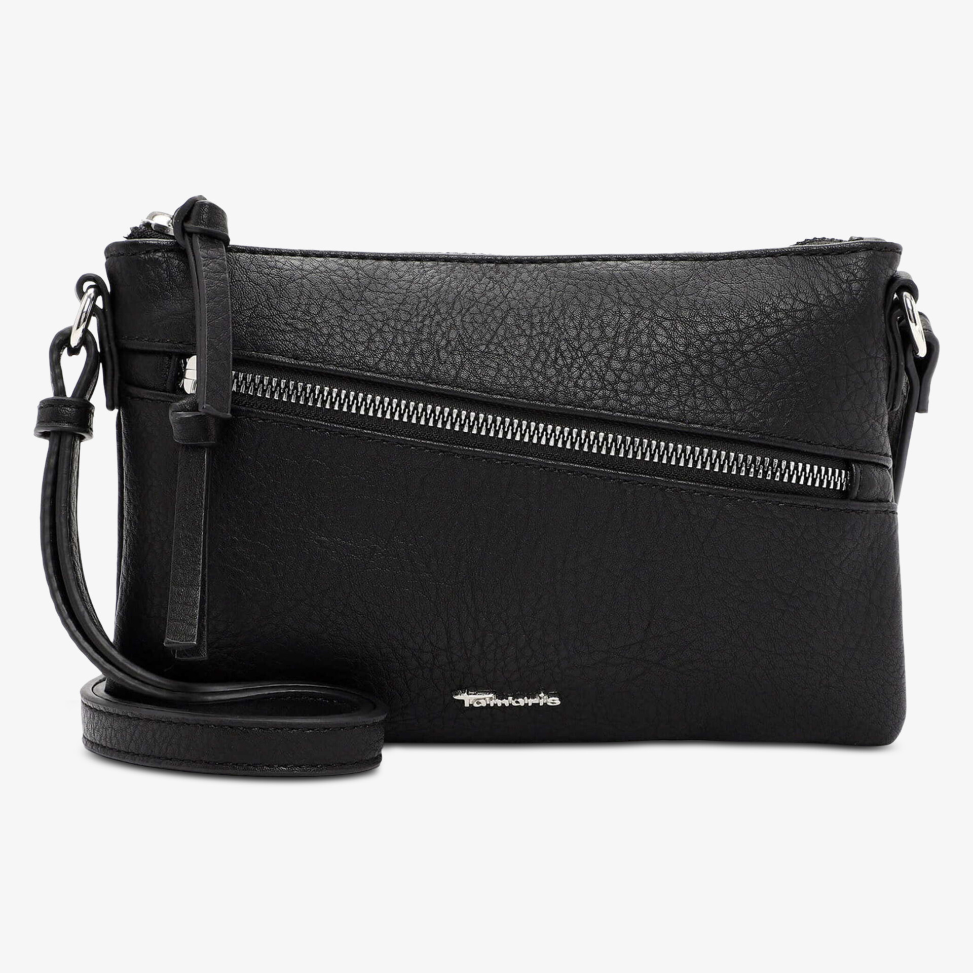 Schwarze kompakte Umhängetasche mit sichtbarem Reißverschluss praktische und elegante Lederoptik