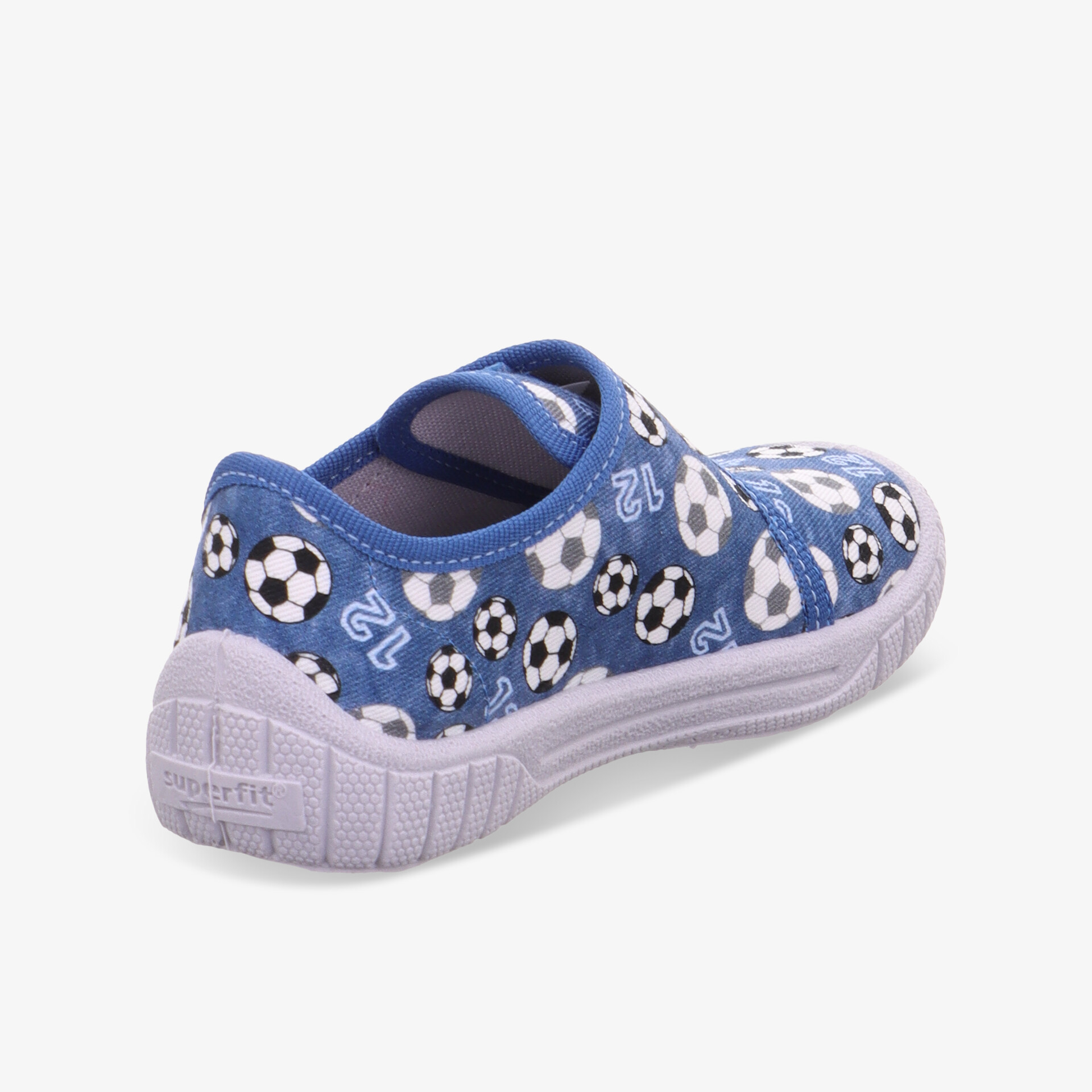 Blauer Schuh mit weißen Fußballmotiven, flexible Sohle und bequemer Sitz, seitliche Ansicht