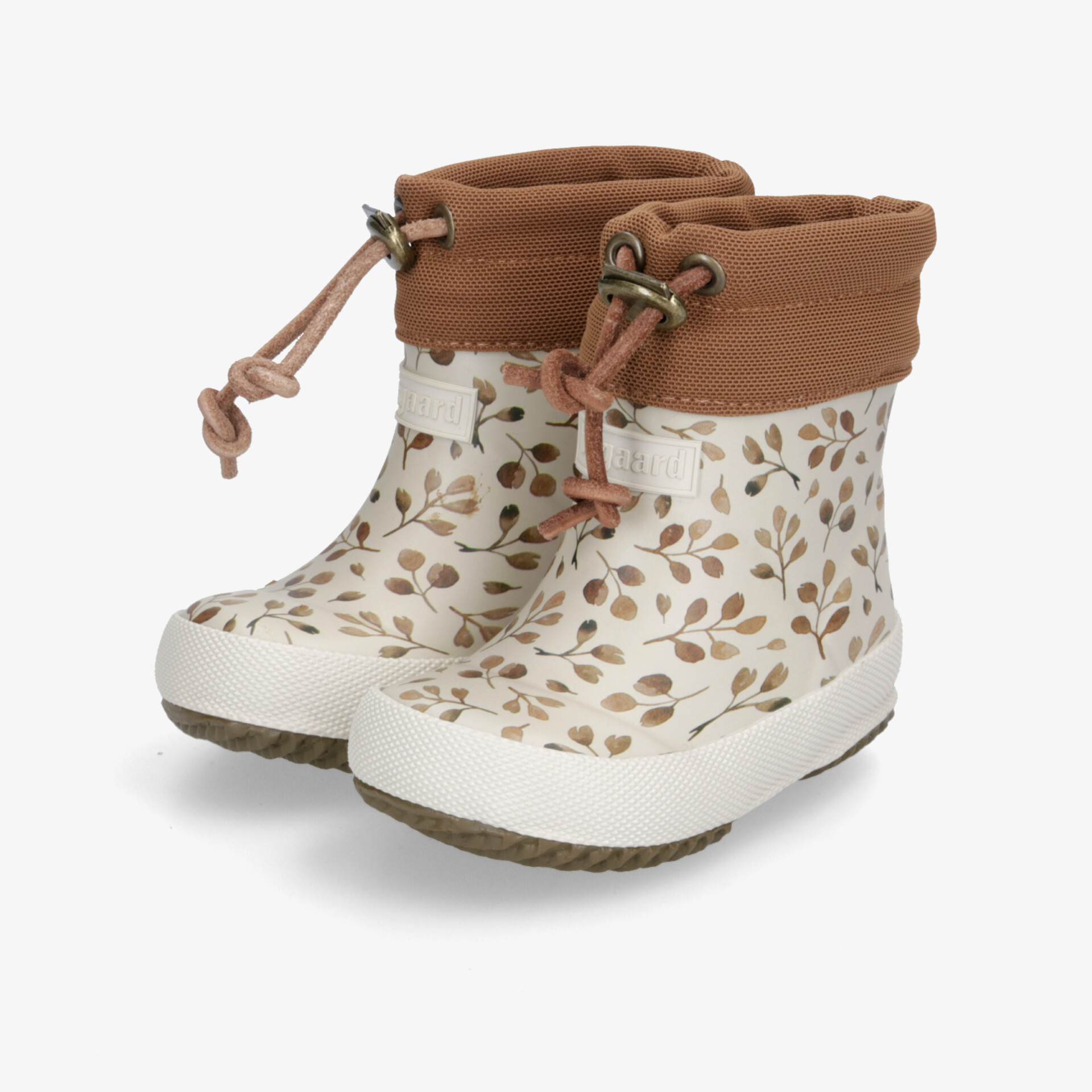 Komfortable Gummistiefel mit schickem Blattmuster und praktischem Zugverschluss, ideal für nasses Wetter.