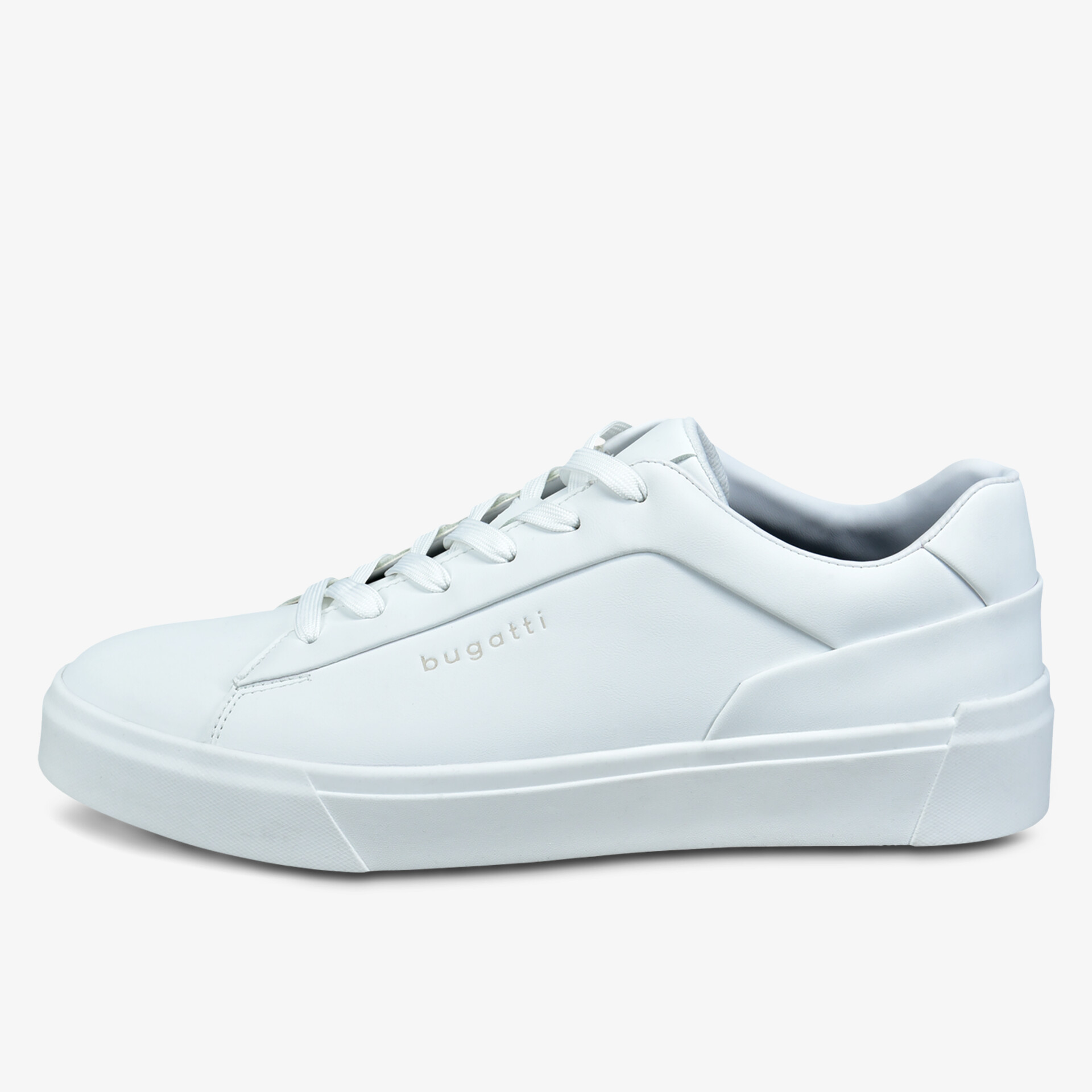 Weißer Sneaker seitlich, sportlich und bequem mit moderner glatter Oberfläche und Schnürung für Alltag