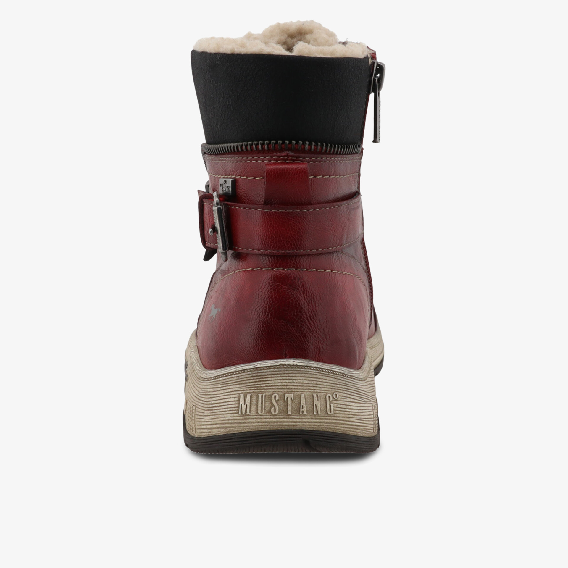 Rückansicht einer robusten Stiefelette mit warmem Innenfutter und dekorativem Schnallenriemen, stabile Sohle sichtbar